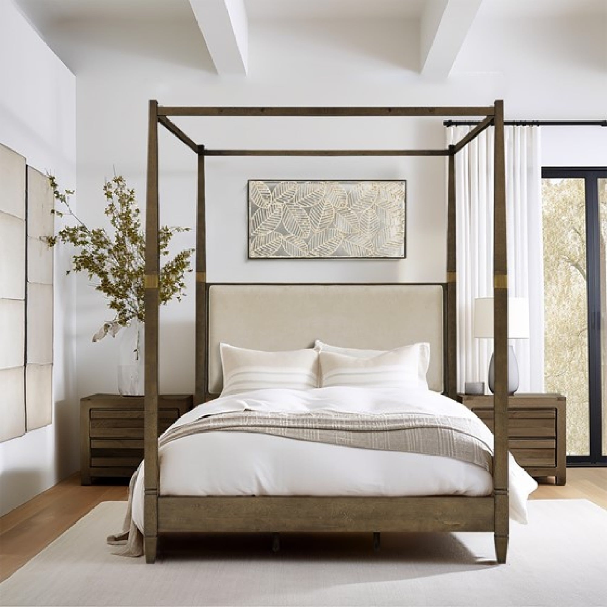 Roomfitters Modern Queen Canopy Bed Frame Brown Solid Wood With Upholstered Headboard And Gold Metal Accents For Bedroom