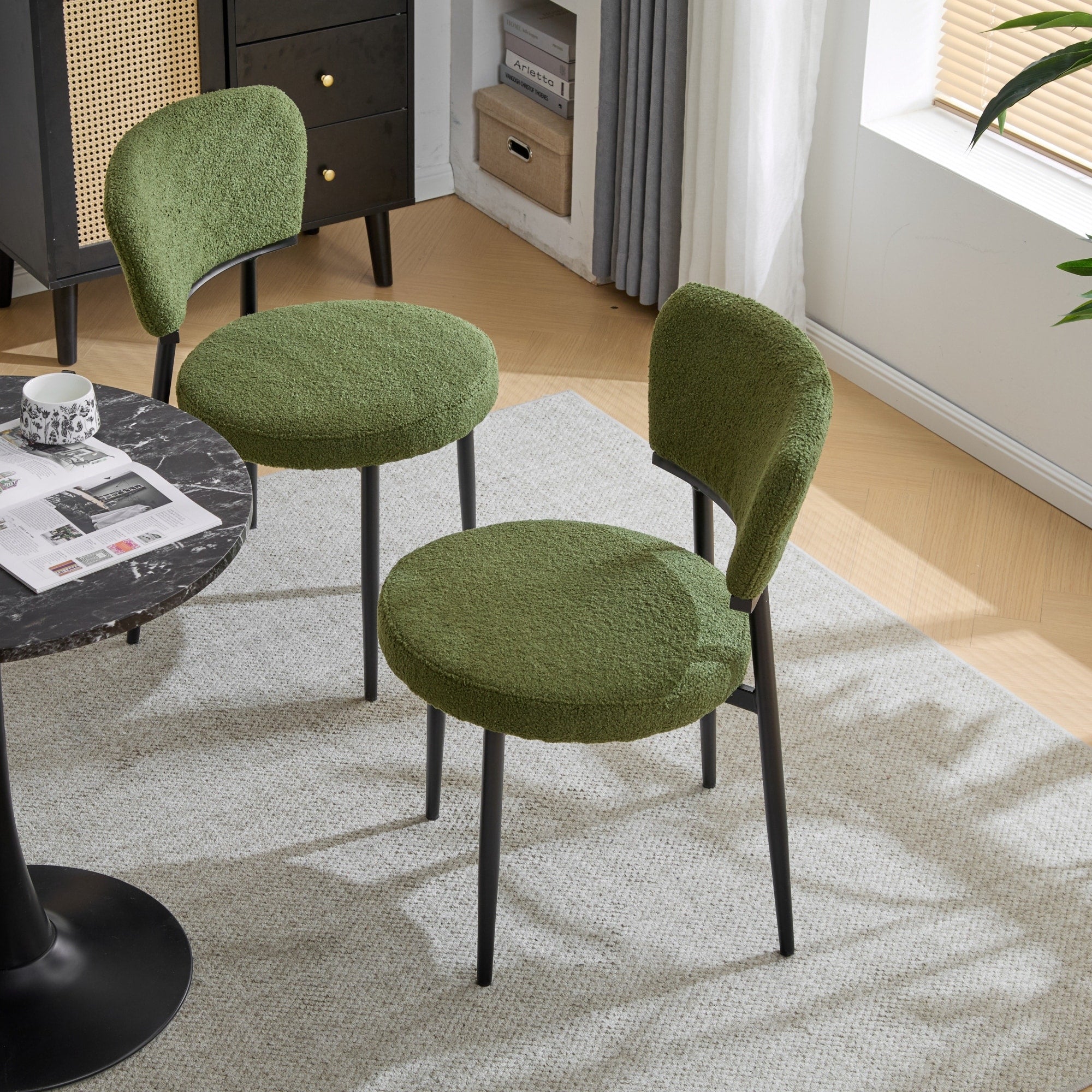 Roomfitters Modern Round Boucle Upholstered Dining Chairs With Curved Back Black Metal Legs For Kitchen Set Of 2 Green