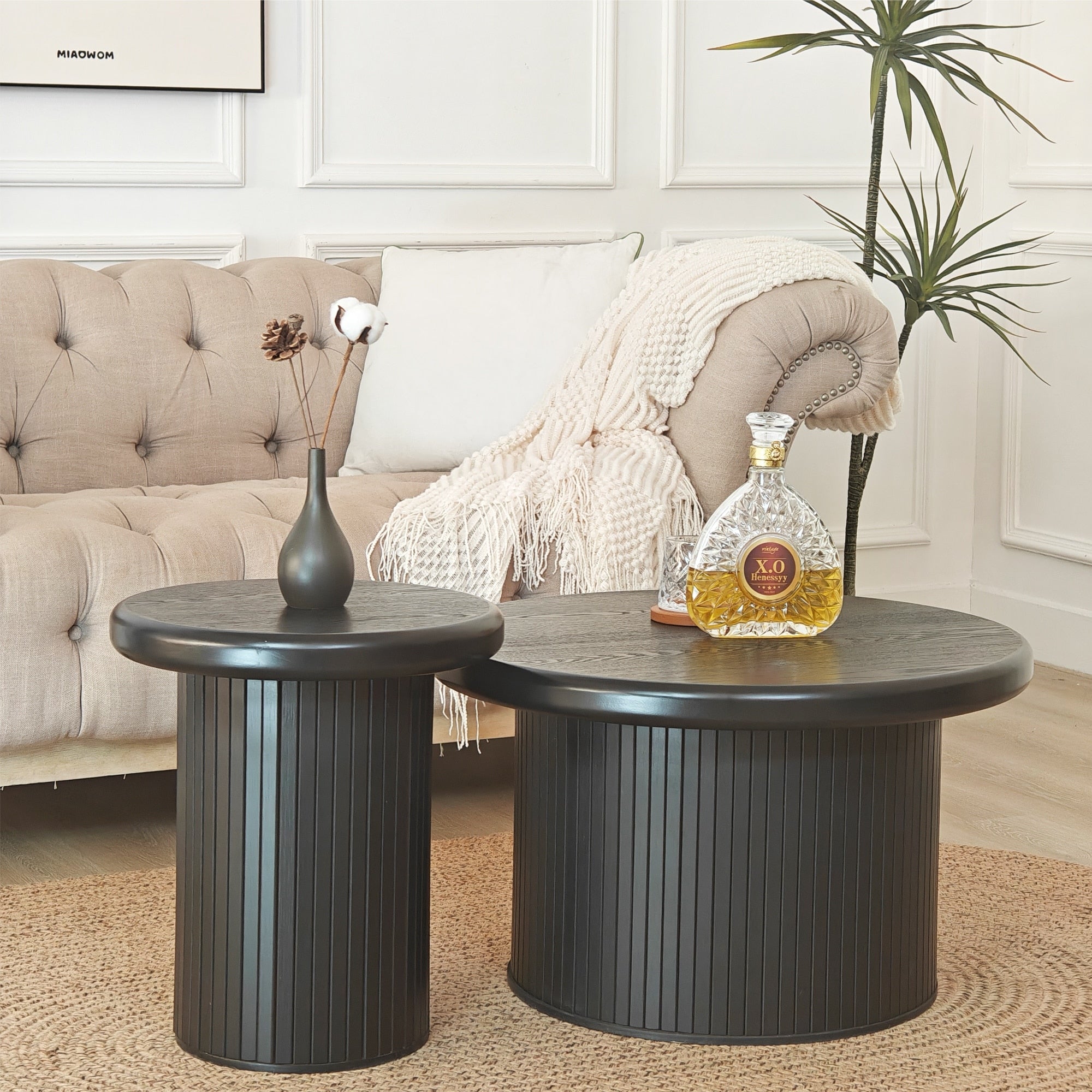 Roomfitters Modern Round Coffee Table Set With Fluted Leg Design 2 Piece Dual Table Combination Black Finish