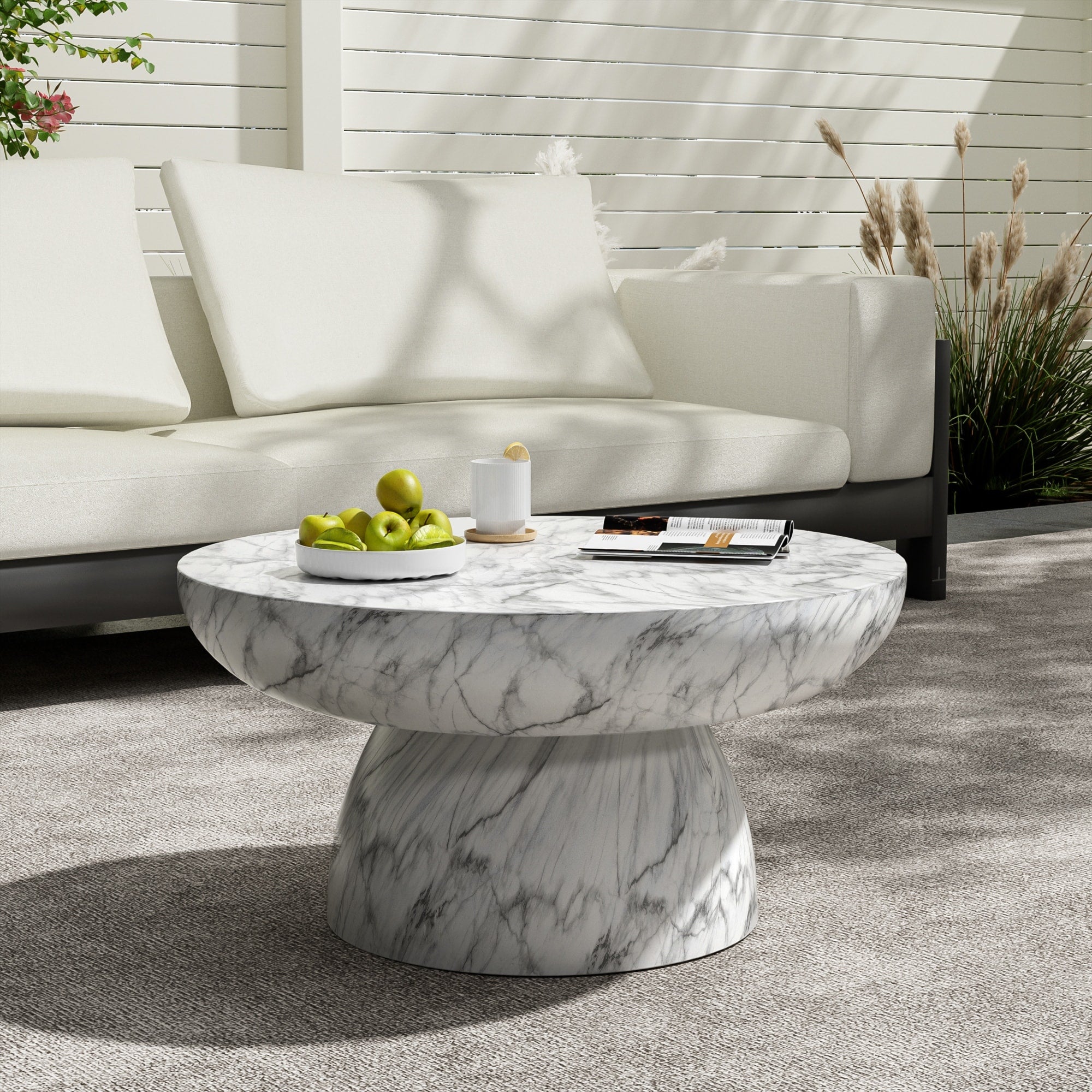 Roomfitters Modern Round Mgo Faux Marble Coffee Table Pedestal Center Accent Table For Outdoor Patio Living Room Marble