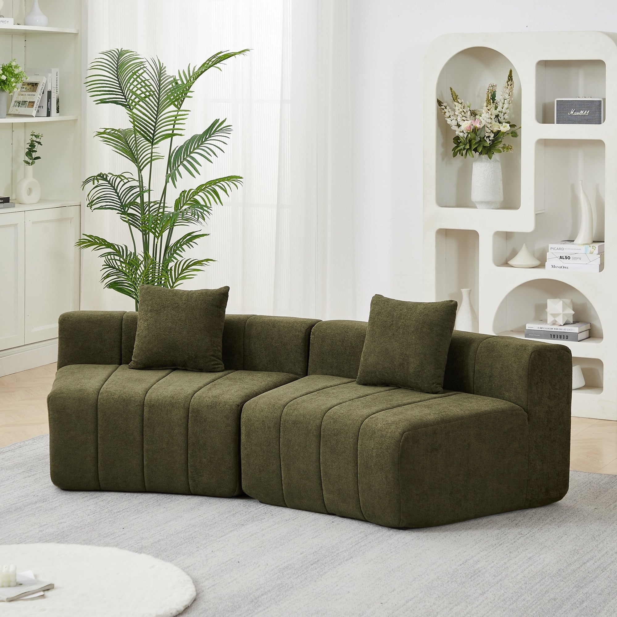 Roomfitters Modern Sectional Sofa 2 Piece Modular Ribbed Fabric Couch With 2 Throw Pillows For Living Room