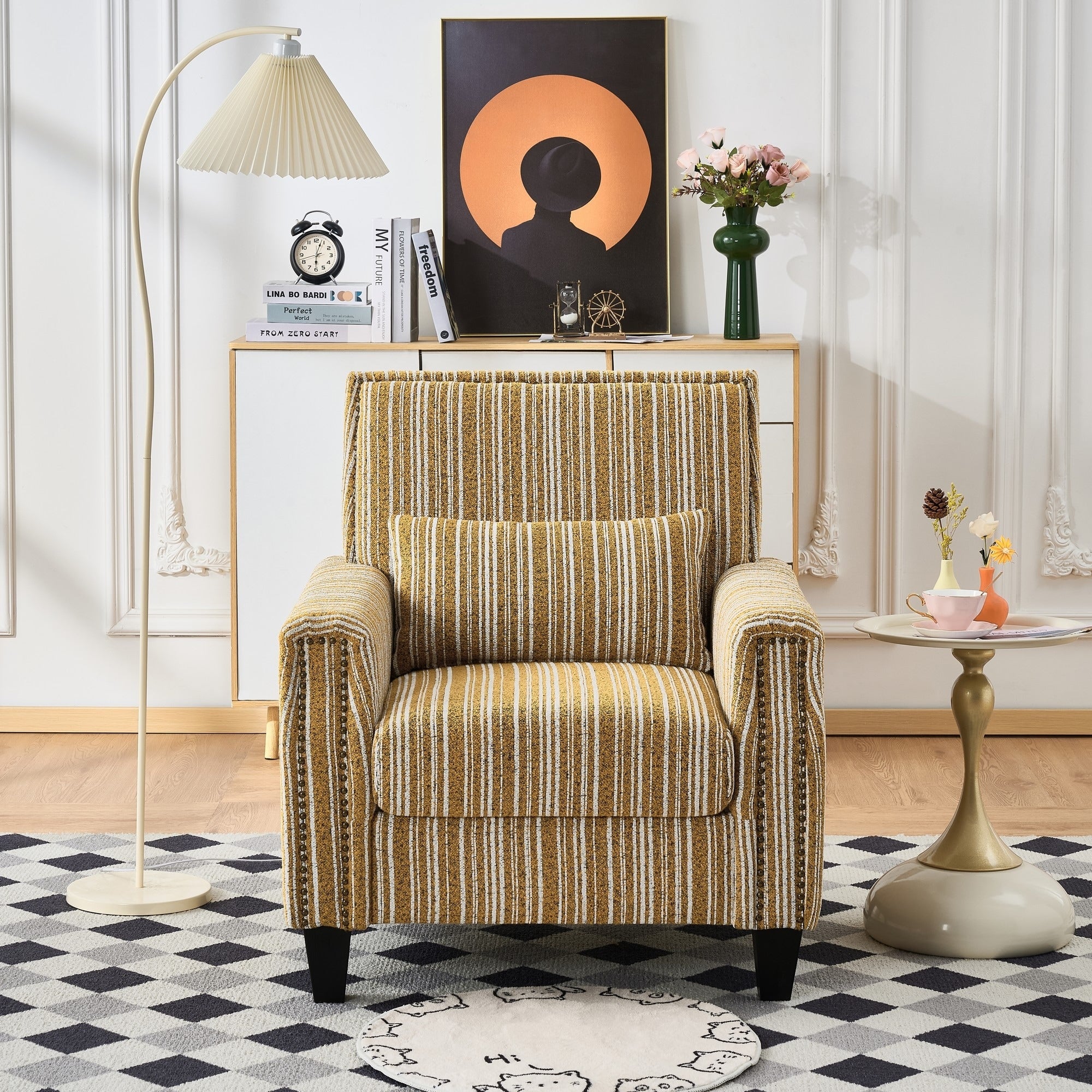 Roomfitters Modern Striped Accent Chair With Nailhead Trim And Lumbar Pillow Upholstered Armchair For Living Room