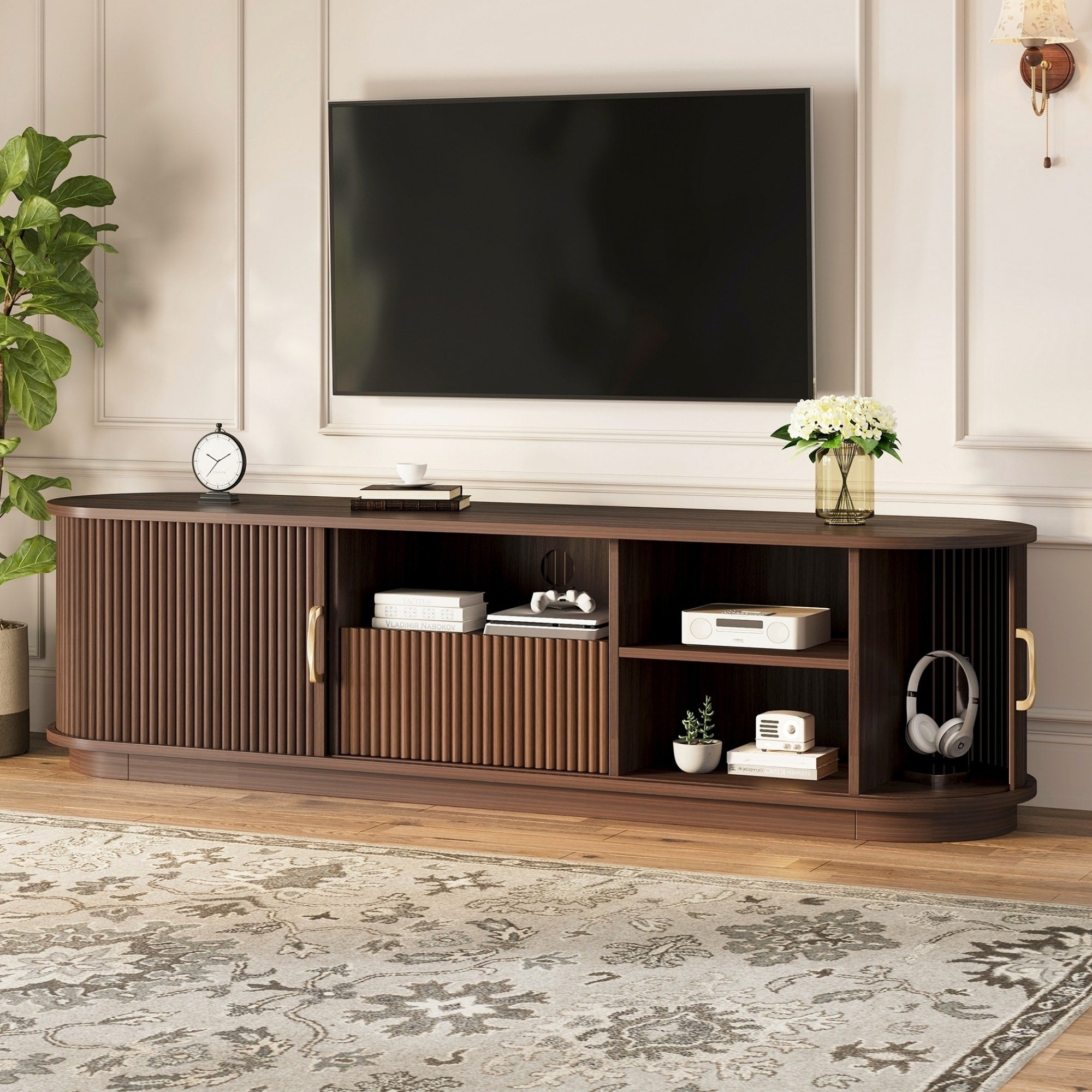 Roomfitters Modern Tv Stand With Sliding Wood Slatted Doors And Media Storage Shelves For Living Room Entertainment