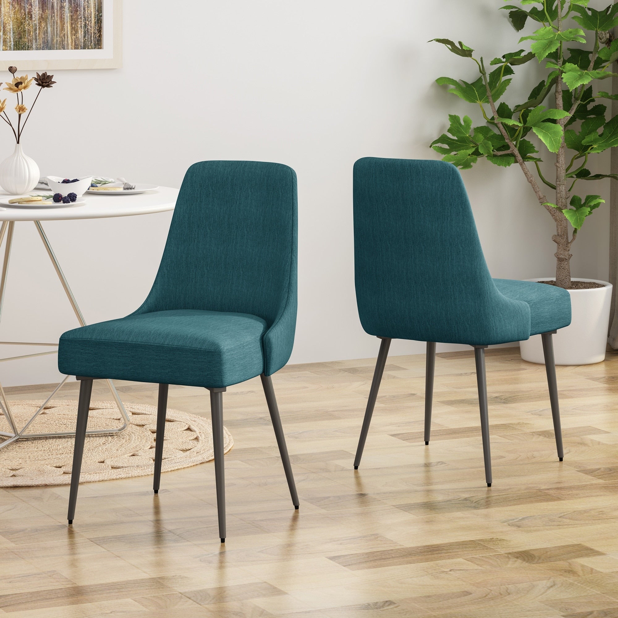 Roomfitters Modern Teal Fabric Dining Chairs Set Of 2 Geometric Kitchen Chairs Matte Black Metal Leg Seating