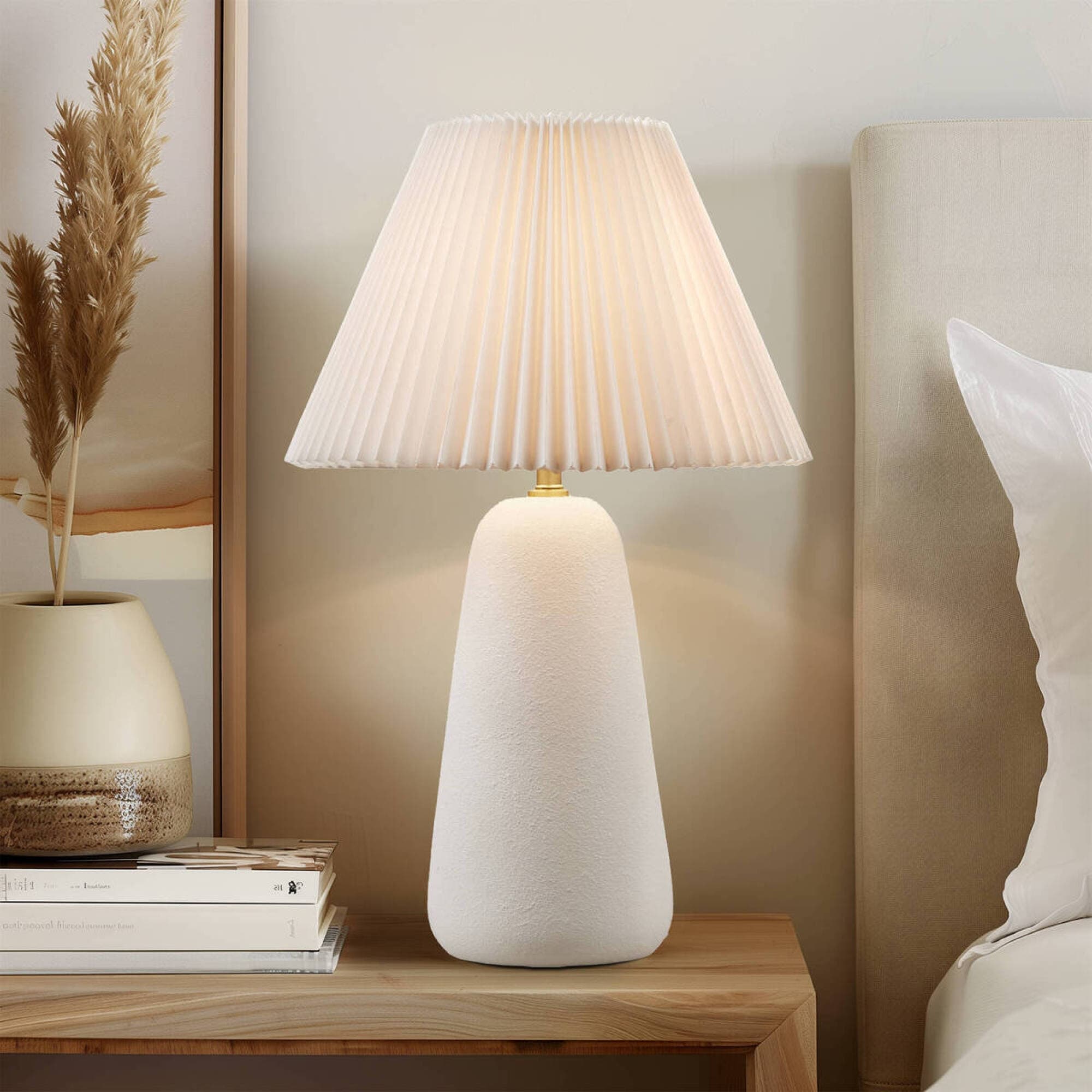 Roomfitters Modern Textured Matte White Ceramic Table Lamp With Tapered Pleated Fabric Shade Led Bulb Included
