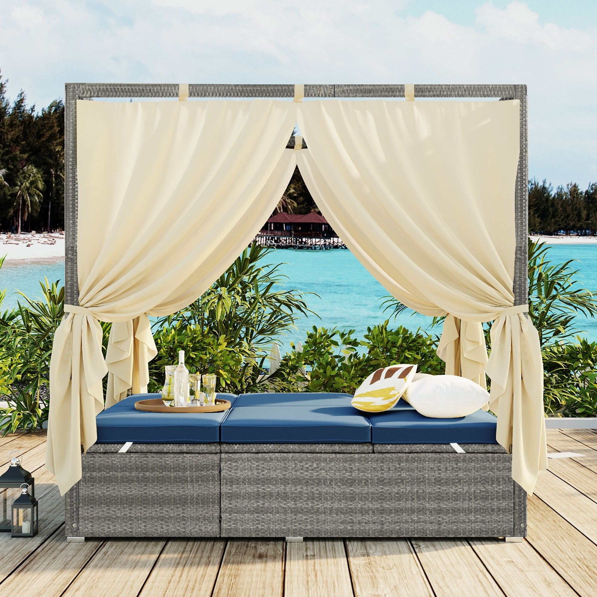 Roomfitters Modern Tropical Pe Rattan Outdoor Double Sun Lounger Patio Daybed Adjustable Recline Canopy
