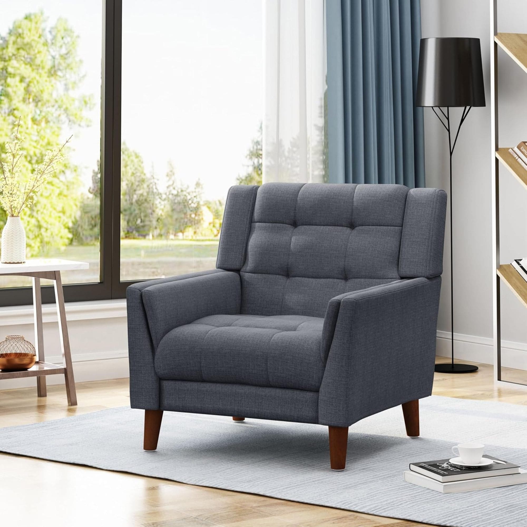 Roomfitters Modern Upholstered Armchair Tufted Accent Chair With Wood Legs For Living Room Bedroom And Office