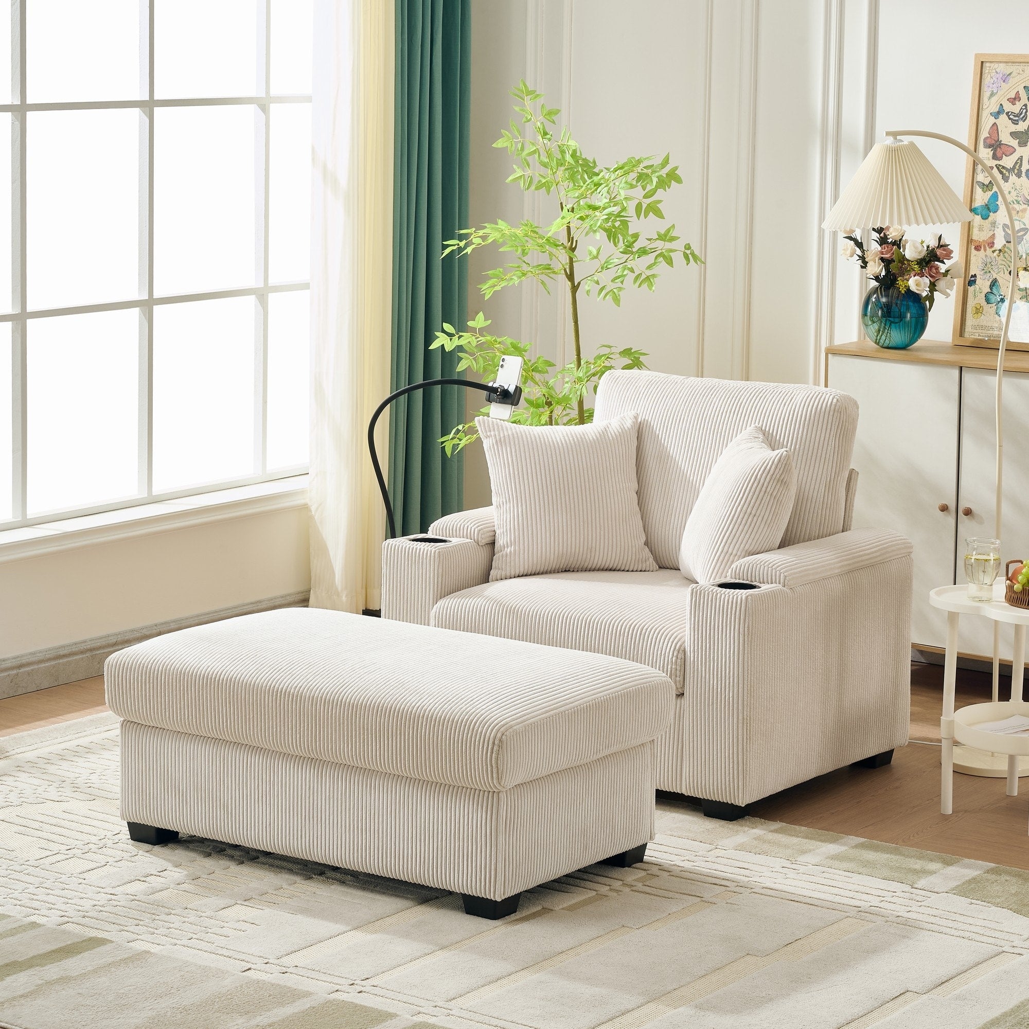Roomfitters Modern Upholstered Chaise Lounge With Ottoman Comfy Oversized Armchair With Cup Holders Phone Mount