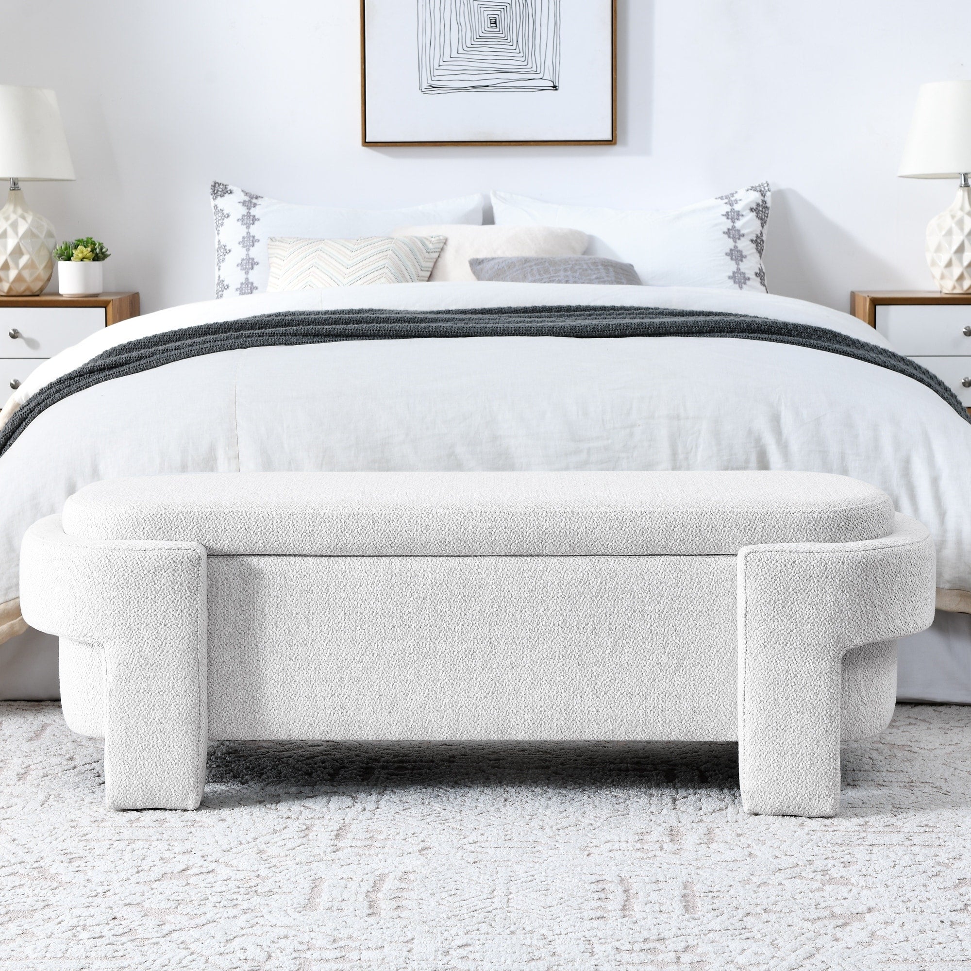 Roomfitters Modern White Upholstered Storage Bench With Curved Arms And Textured Boucle Fabric Bedroom Entryway Seating White