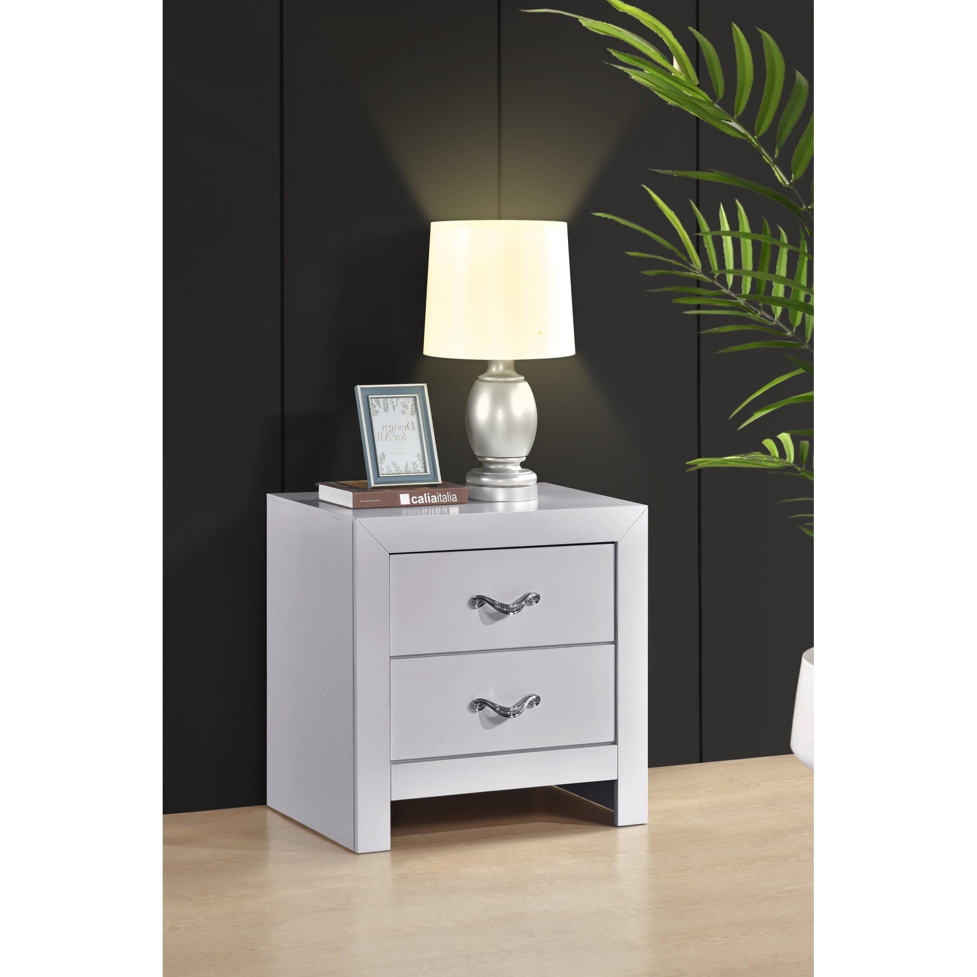 Roomfitters Moreland 2 Drawer Nightstand Sparkling White Faux Crystal Handles Fully Assembled Modern Glam Table