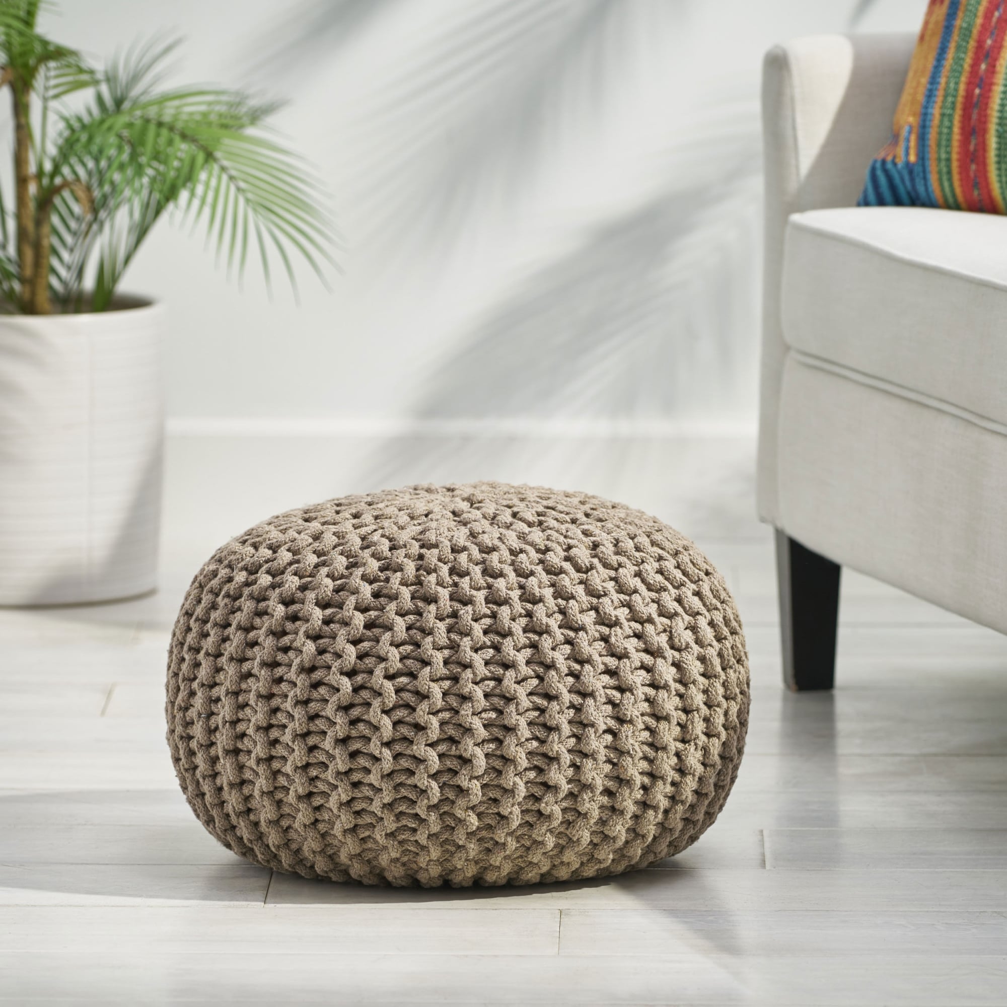 Roomfitters Moro 20X20 Inch Knitted Cotton Round Pouf Brown Artisan Footrest Woven Cable Knit Floor Ottoman