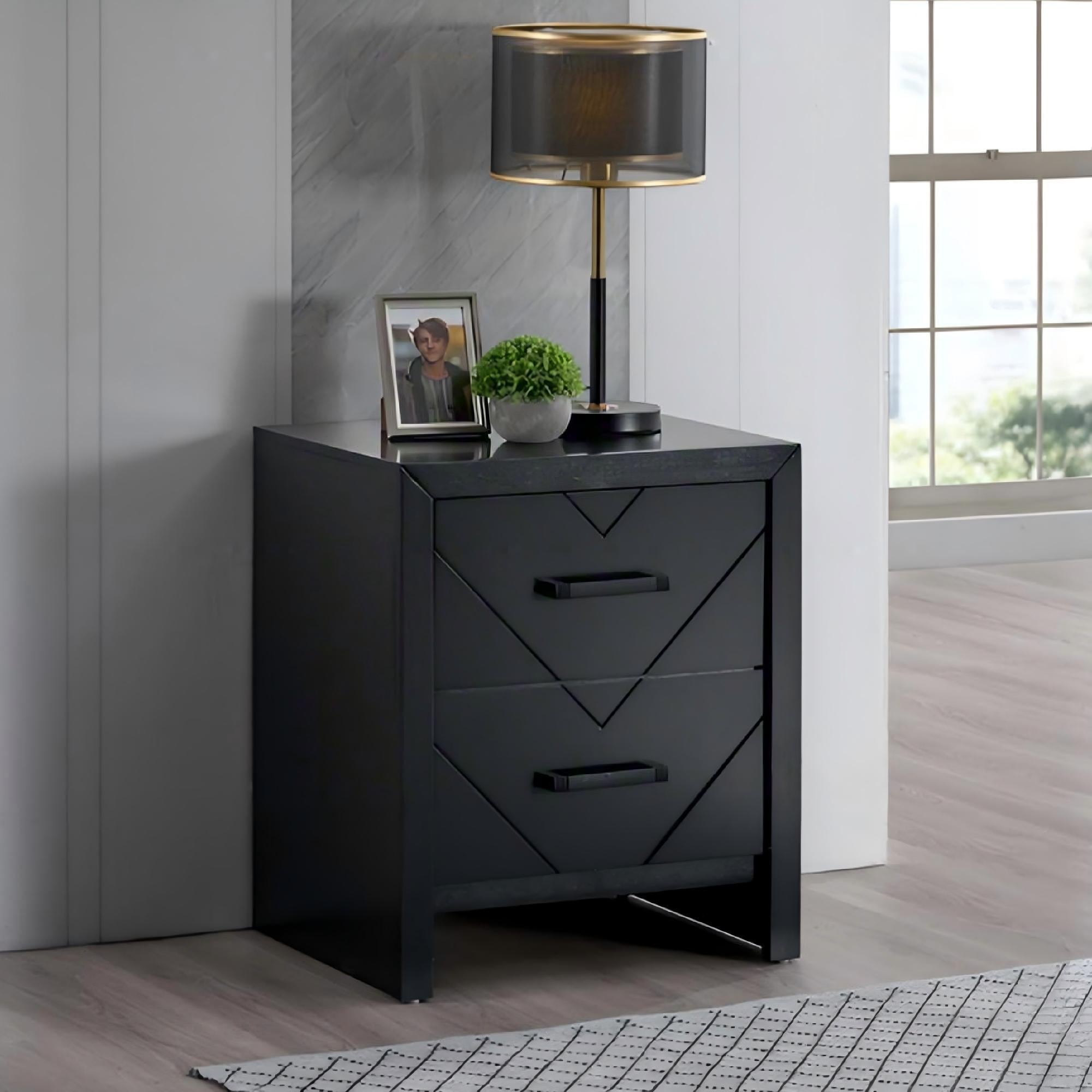 Roomfitters Morris 2 Drawer Nightstand Modern V Shape Embossing Fully Assembled Contemporary End Table