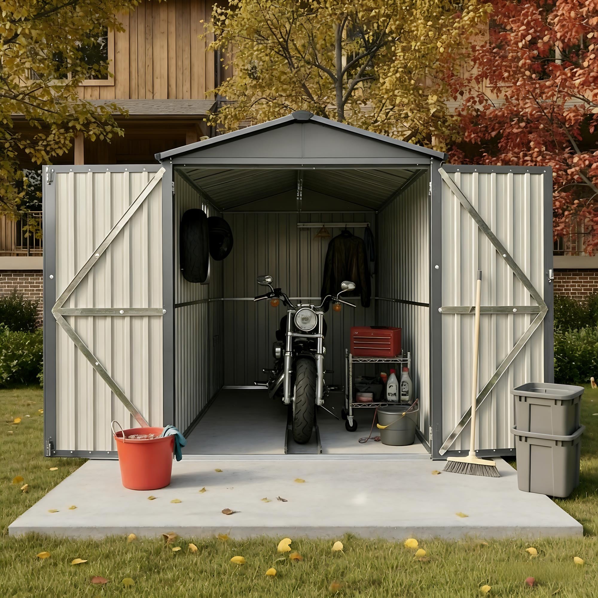 Roomfitters Motorcycle Outdoor Steel Storage Shed Window Wheel Track Fixture Heavy Duty Bike Garage Motorbike House Grey