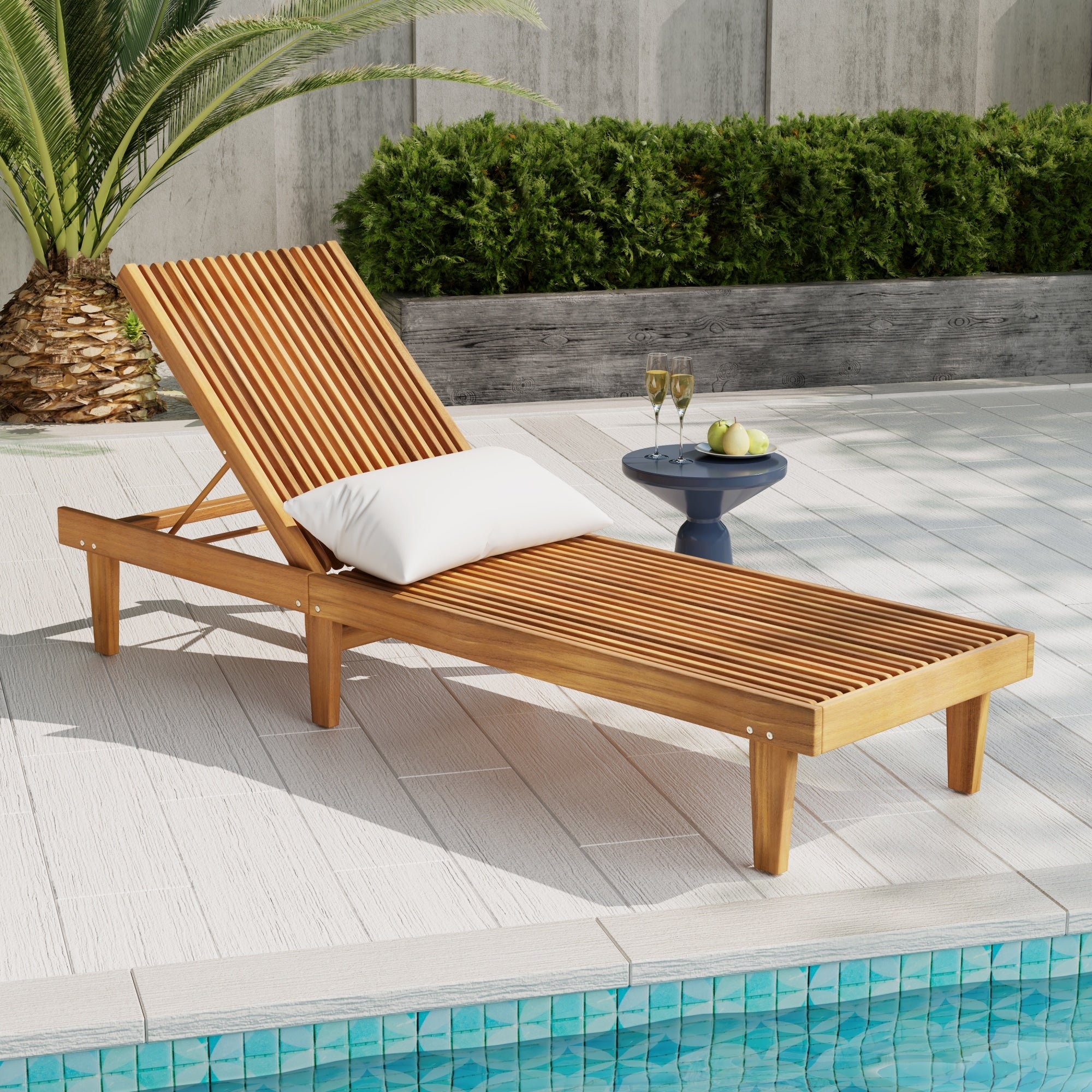 Roomfitters Nadine Natural Wood Chaise Lounge Luxury Teardrop Outdoor Recliner Modern Slat Design Poolside Seating