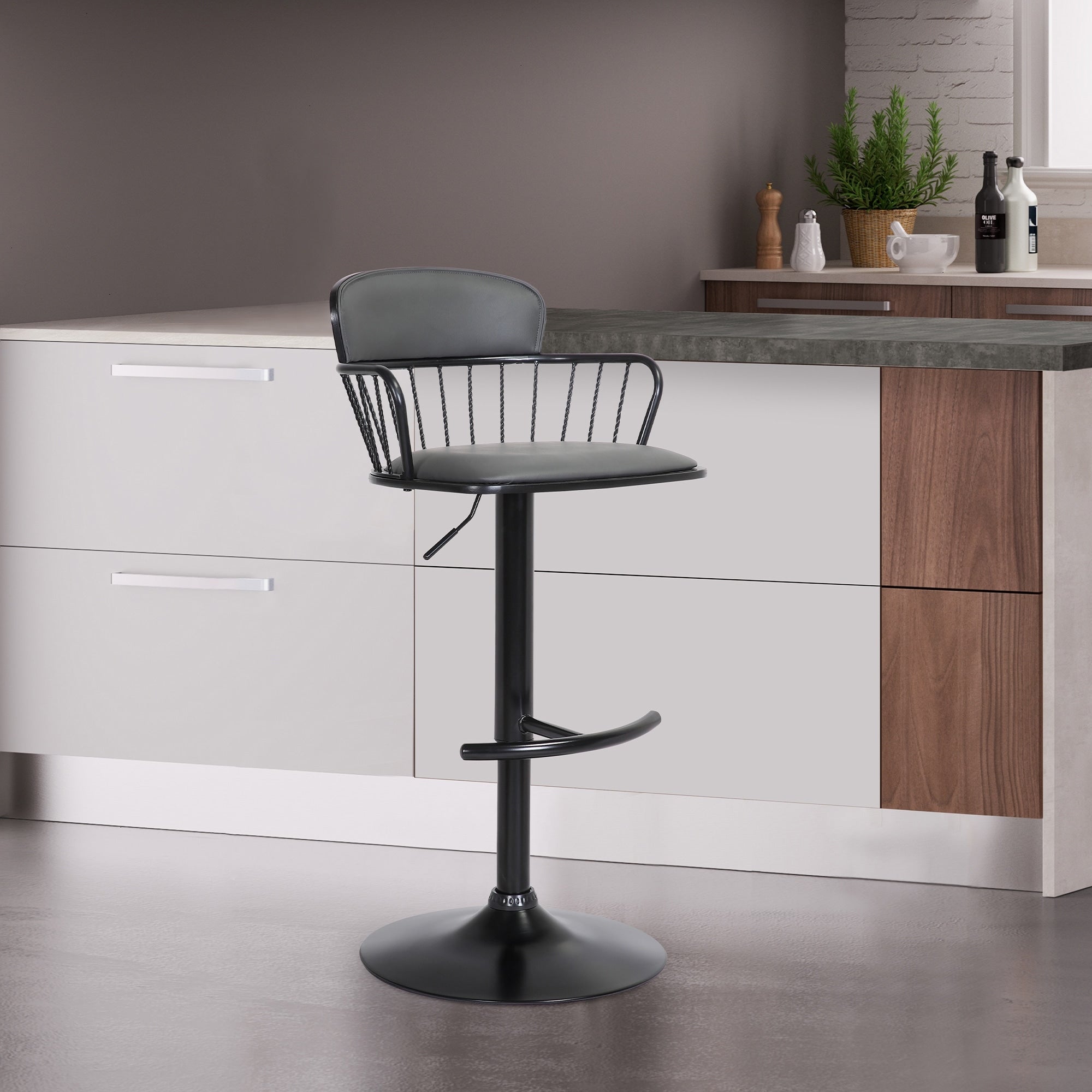 Roomfitters Nash Adjustable Height Swivel Black Wood Bar Stool Faux Leather Kitchen Pub Chair Black Pedestal Base