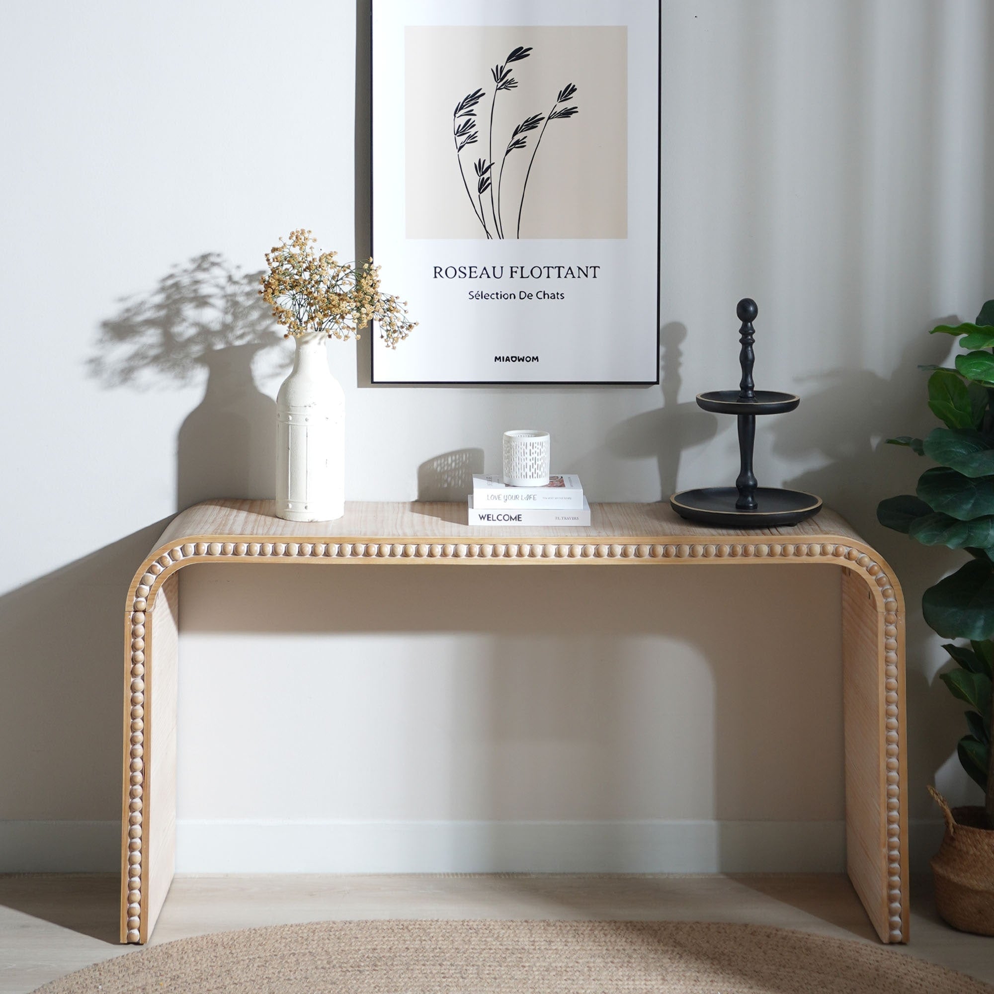 Roomfitters Natural Wood Console Table With Curved Waterfall Design And Beaded Edge Detailing Antique Natural