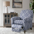 Roomfitters Navy Blue Fretwork Push Back Recliner Chair With Camel Back Rolled Arms And Dark Coffee Wood Legs