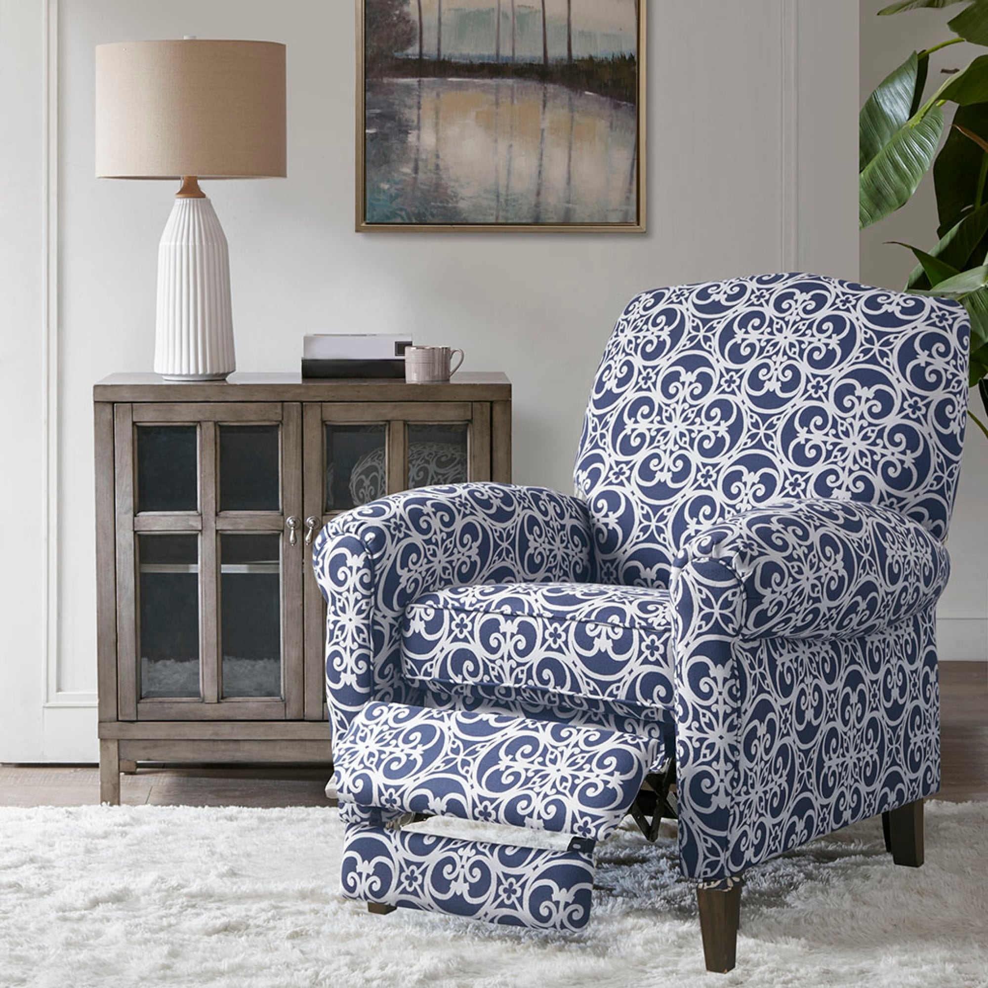 Roomfitters Navy Blue Fretwork Push Back Recliner Chair With Camel Back Rolled Arms And Dark Coffee Wood Legs