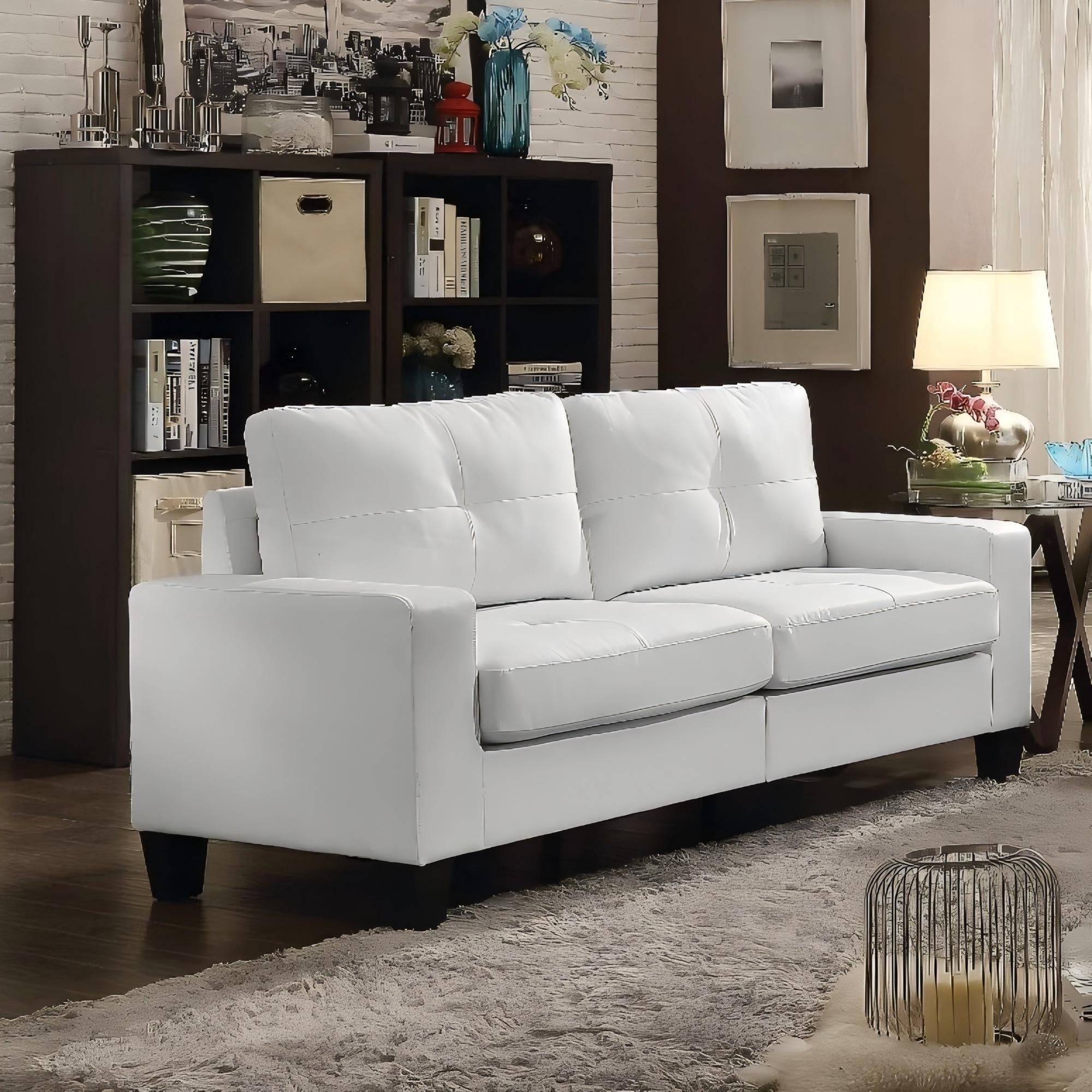 Roomfitters Newbury White Pu Leather Modular Sofa Tufted Apartment Couch Hardwood Frame Modern Padded Seating
