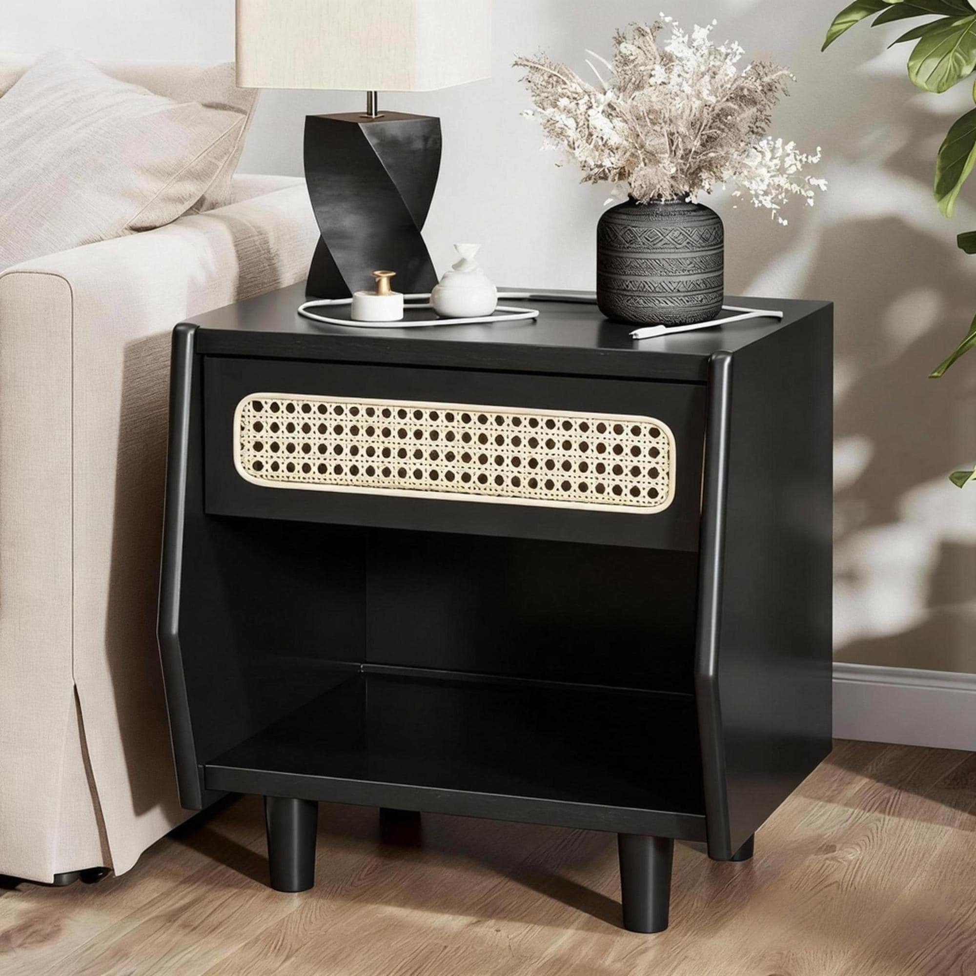 Roomfitters Nightstand With Rattan Detail Mid Century Modern Bedside Table Side End Table With Drawer And Storage