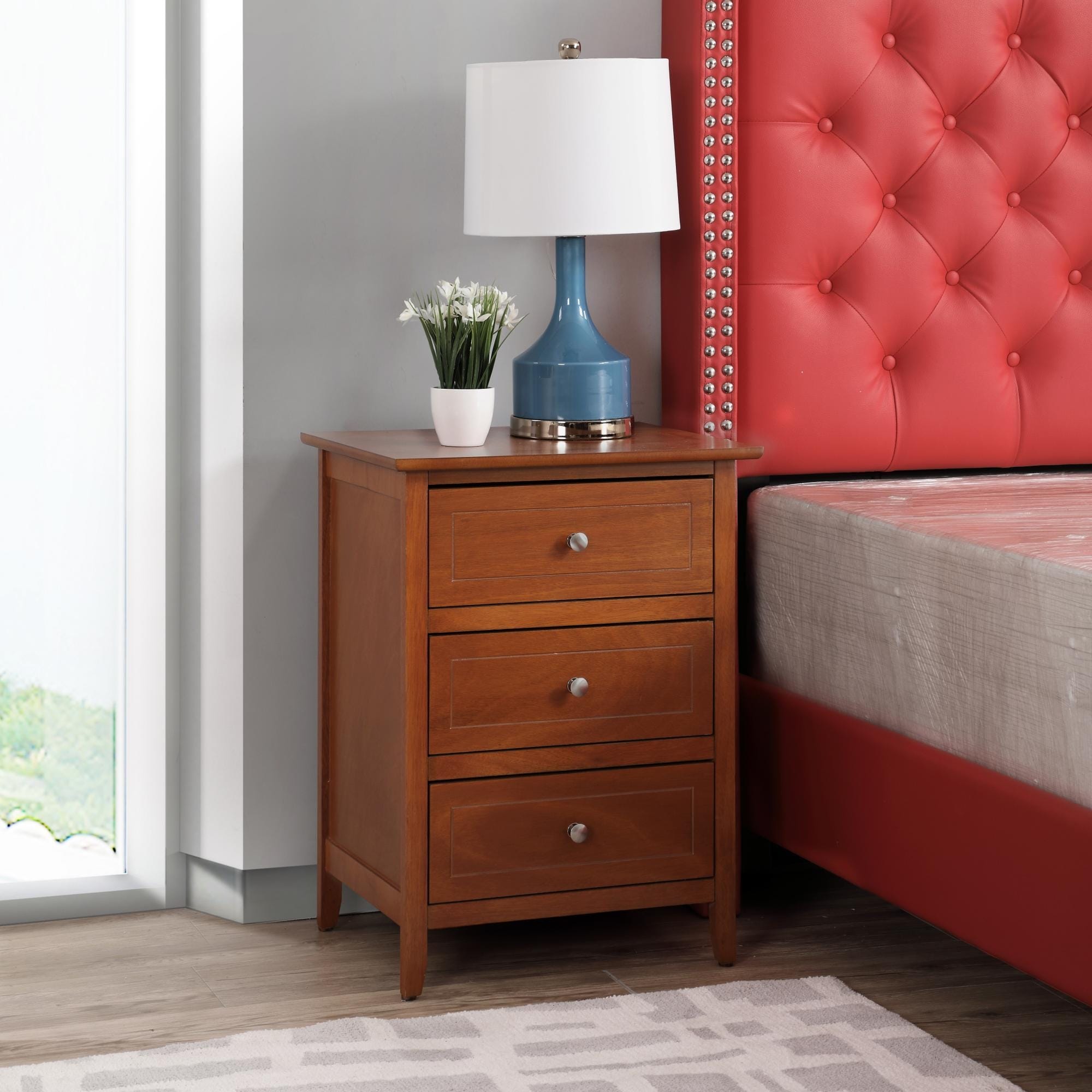 Roomfitters Nightstand With Silver Knobs Luxury 3 Drawer Bedside Table Modern Wood Grain Bedroom End Table