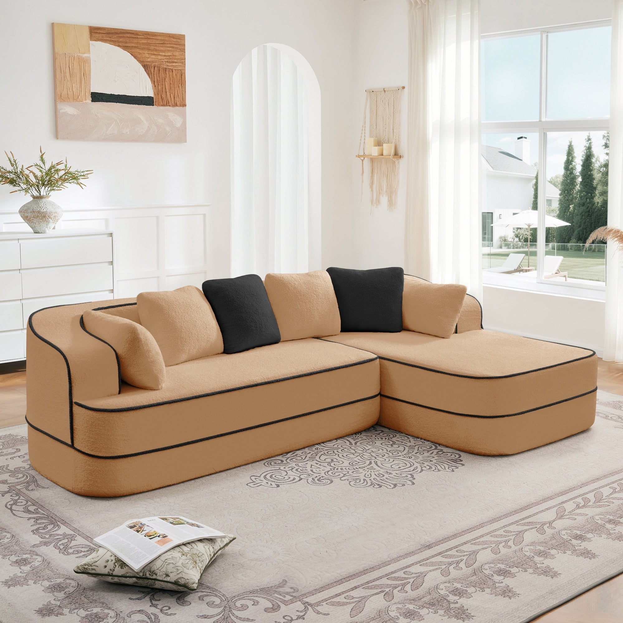 Roomfitters No Assembly Modular Sofa 106 Inch Teddy Fabric Floor Couch With Chaise Camel