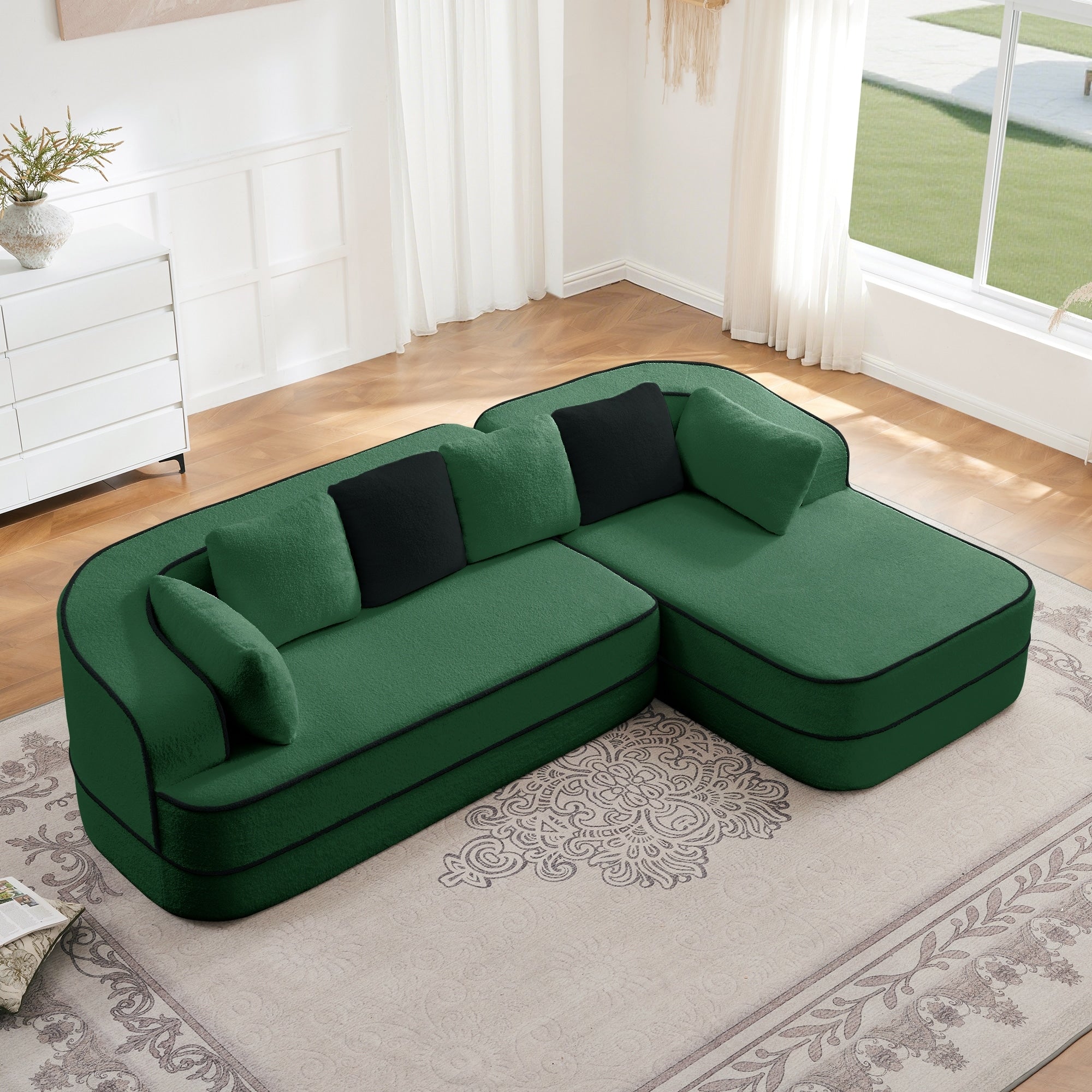 Roomfitters No Assembly Modular Sofa 106 Inch Teddy Fabric Floor Couch With Chaise Green