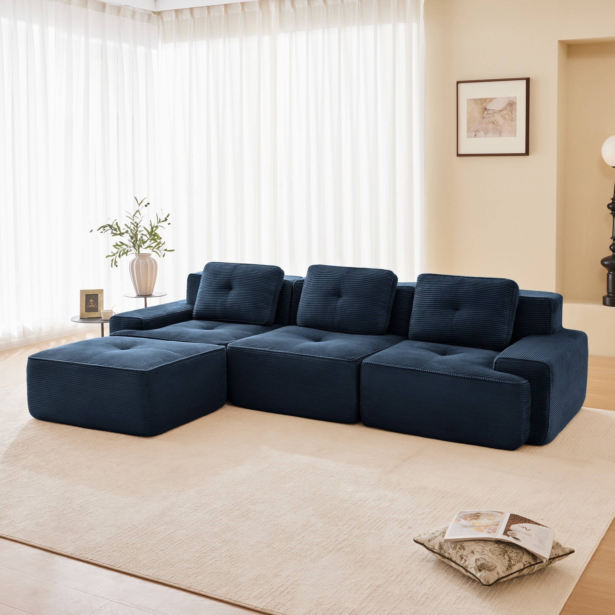 Roomfitters No Assembly Modular Sofa 117 Inch Corduroy 3 Seater With Piping Blue