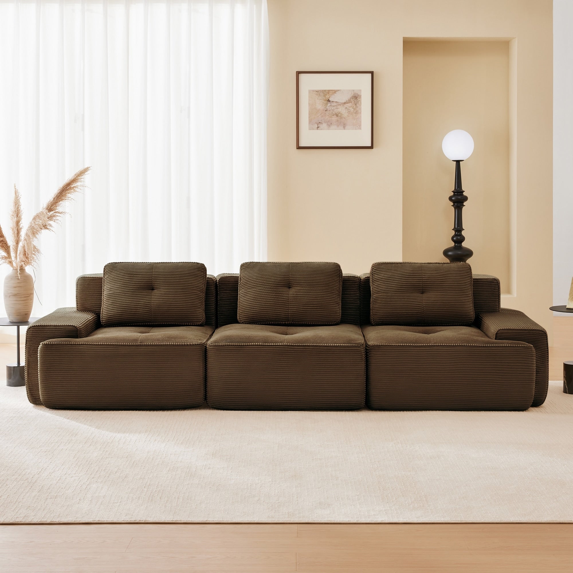 Roomfitters No Assembly Modular Sofa 117 Inch Corduroy 3 Seater With Piping Brown