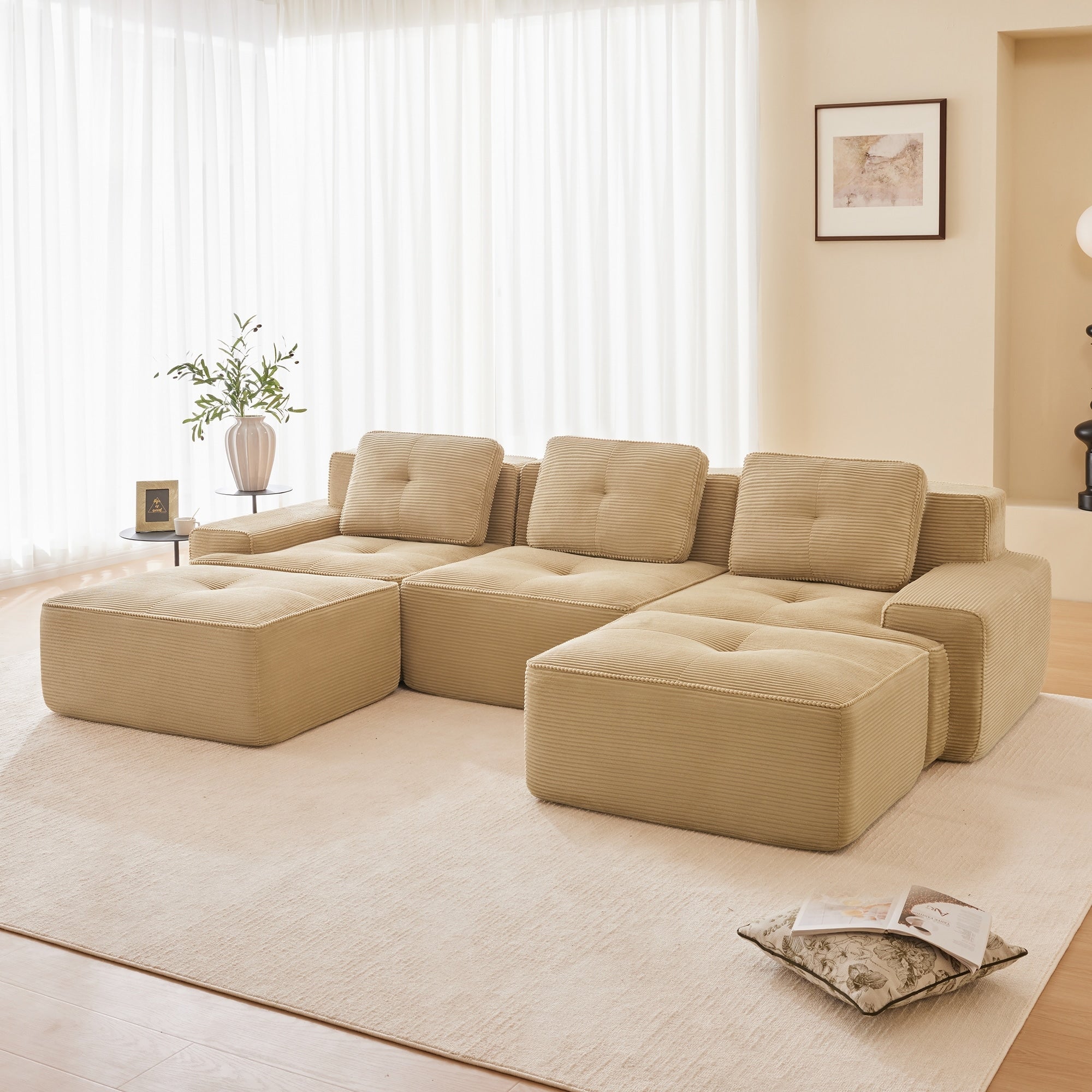 Roomfitters No Assembly Modular Sofa 117 Inch Corduroy 3 Seater With Piping Camel