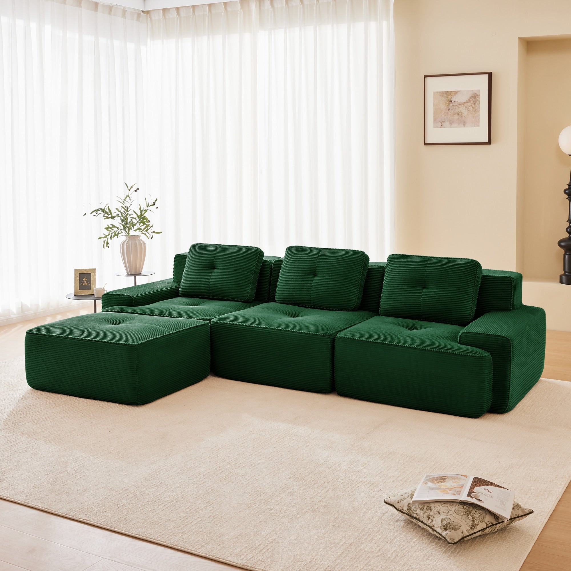 Roomfitters No Assembly Modular Sofa 117 Inch Corduroy 3 Seater With Piping Green