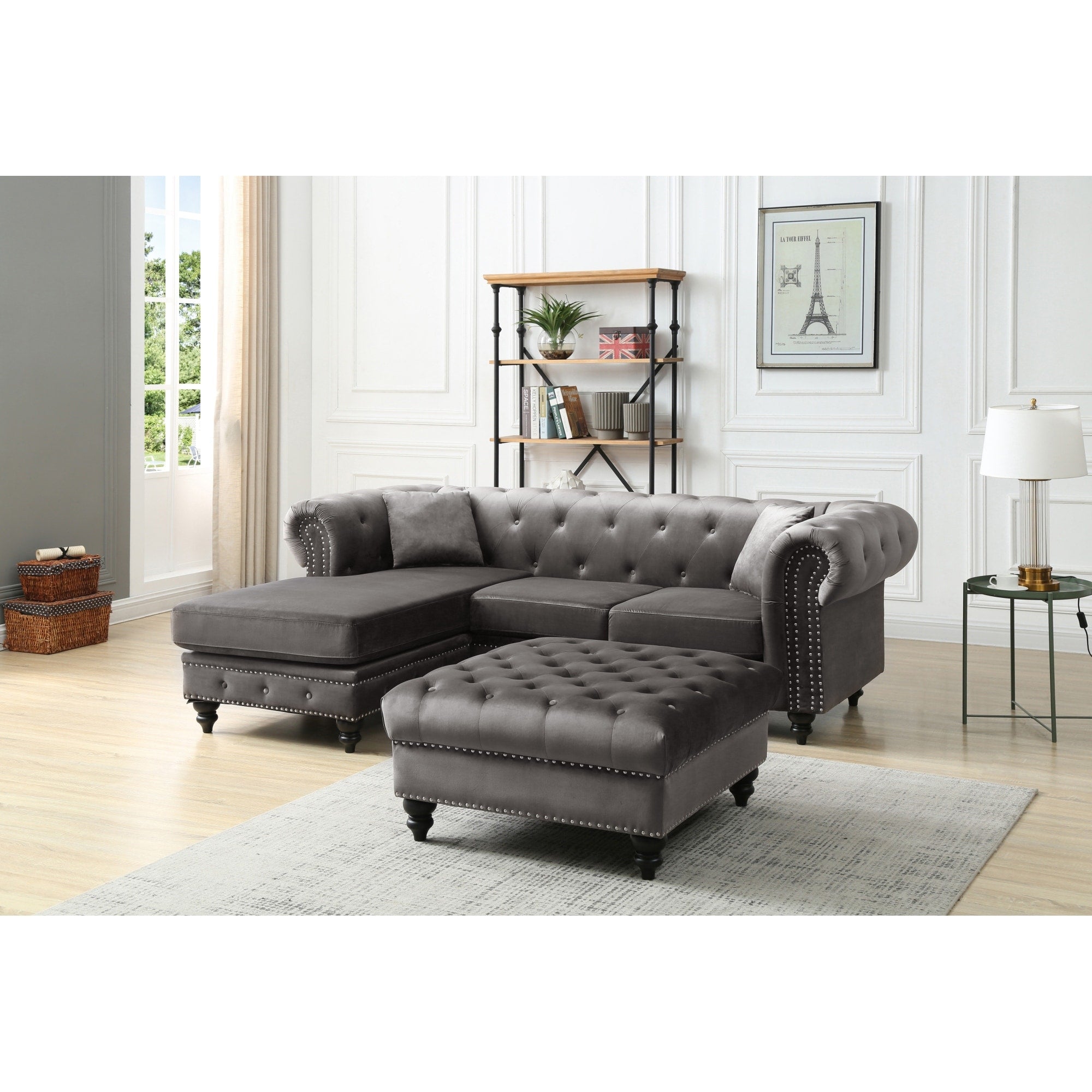 Roomfitters Nola Dark Grey Velvet Chesterfield Sofa Chaise Tufted L Shaped Sectional Chrome Nailheads