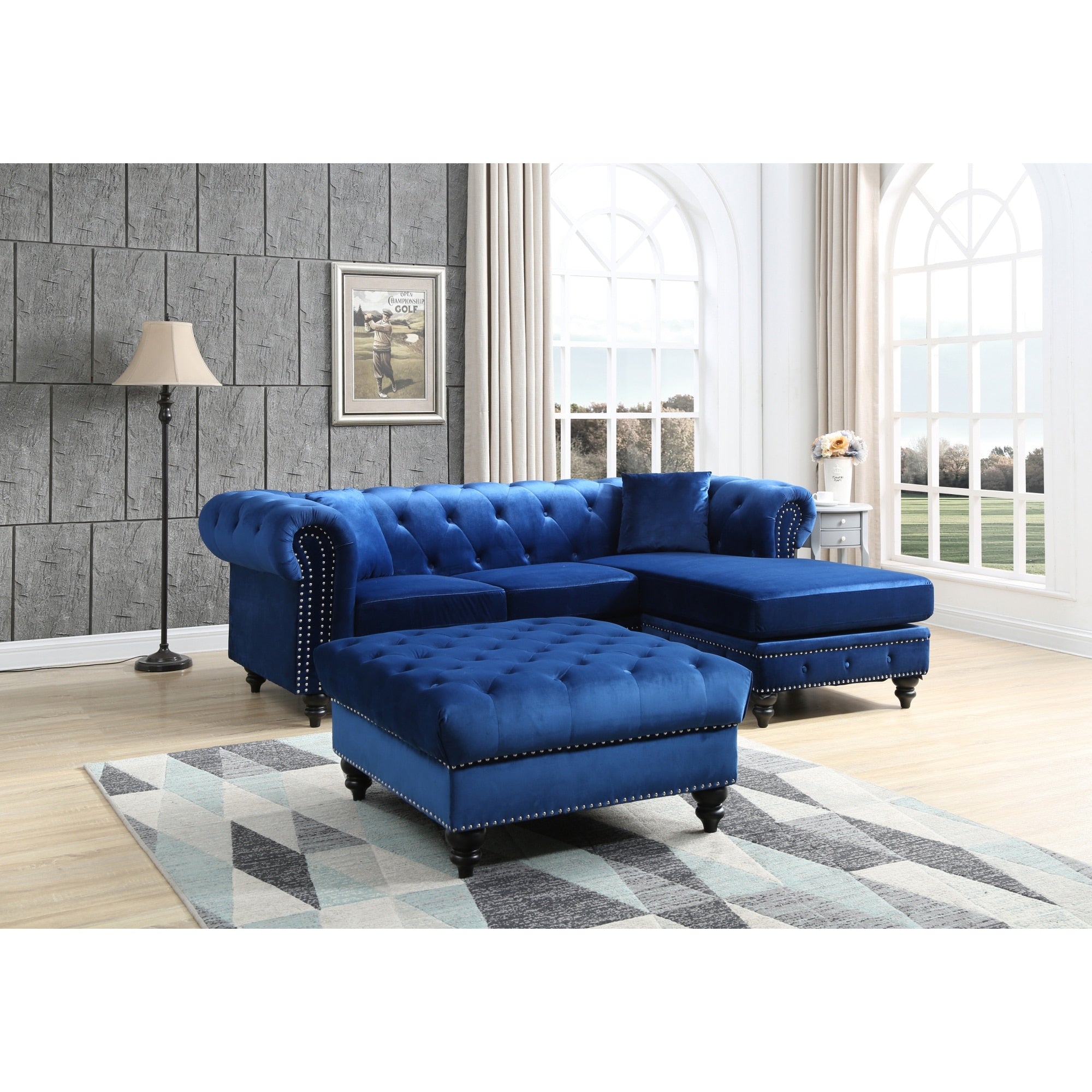 Roomfitters Nola Navy Blue Velvet Chesterfield Sofa Chaise Tufted L Shaped Sectional Chrome Nailheads Wood Legs