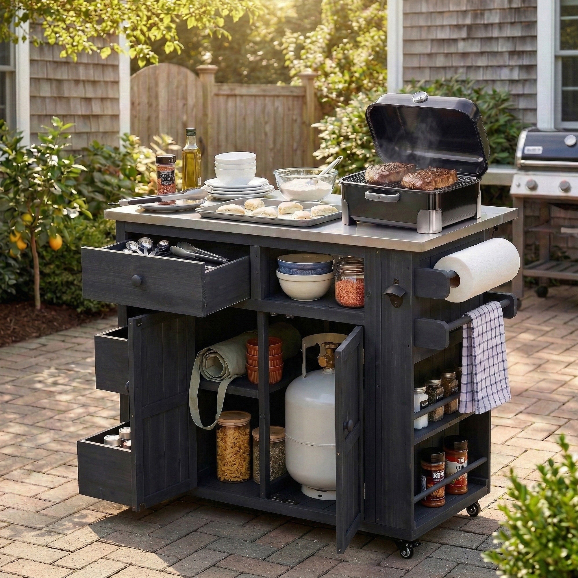 Roomfitters Outdoor Grill Cart And Bbq Prep Station Stainless Steel Top Rolling Kitchen Island Potting Bench