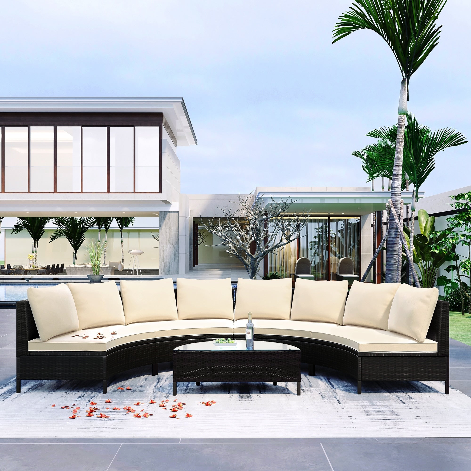 Roomfitters Outdoor Half Moon Curved Rattan Sofa Set Modular Wicker Sectional Patio Furniture With Glass Coffee Table