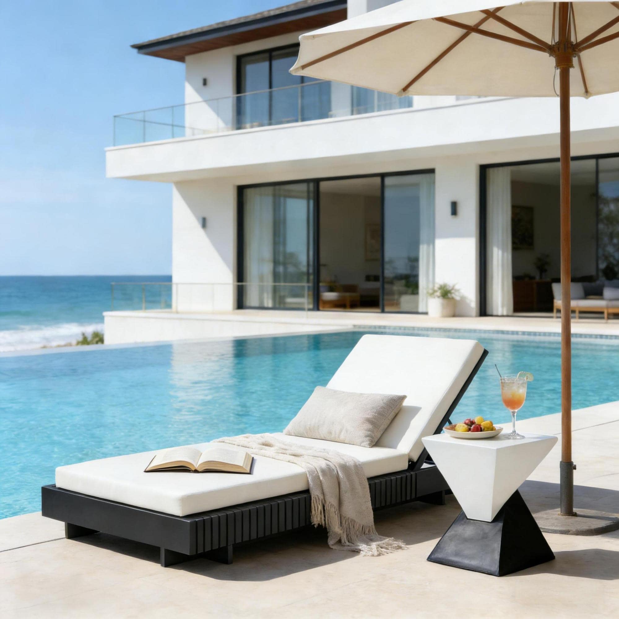 Roomfitters Outdoor Lounge Chaise Set With Adjustable Backrest Slatted Acacia Frame And Geometric Side Table Dark Grey White