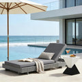 Roomfitters Outdoor Lounge Chaise Set With Adjustable Backrest Slatted Acacia Frame And Geometric Side Table Dark Grey