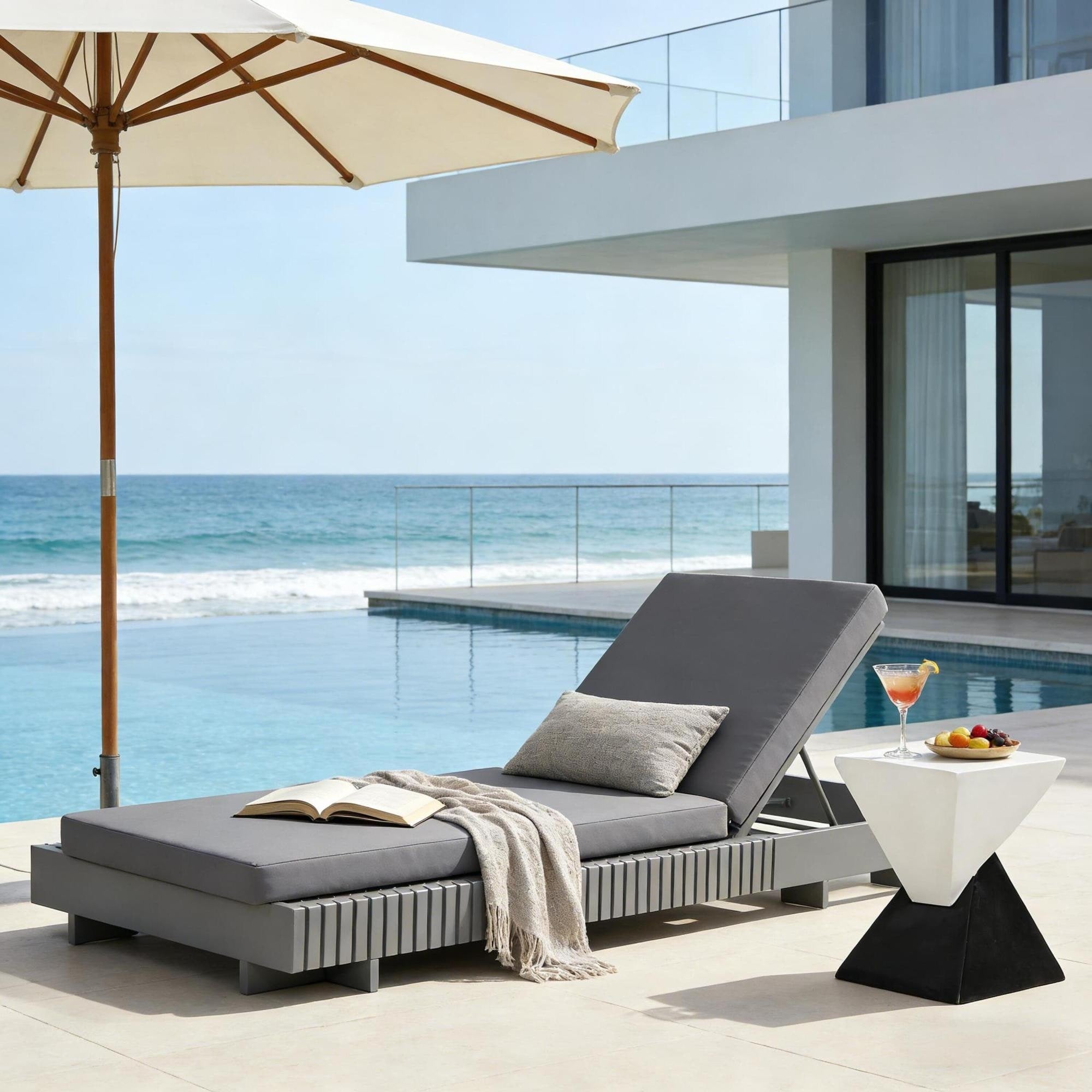 Roomfitters Outdoor Lounge Chaise Set With Adjustable Backrest Slatted Acacia Frame And Geometric Side Table Dark Grey