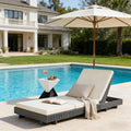 Roomfitters Outdoor Lounge Chaise Set With Slatted Acacia Frame And Geometric Side Table For Patio Poolside Cream Dark Grey