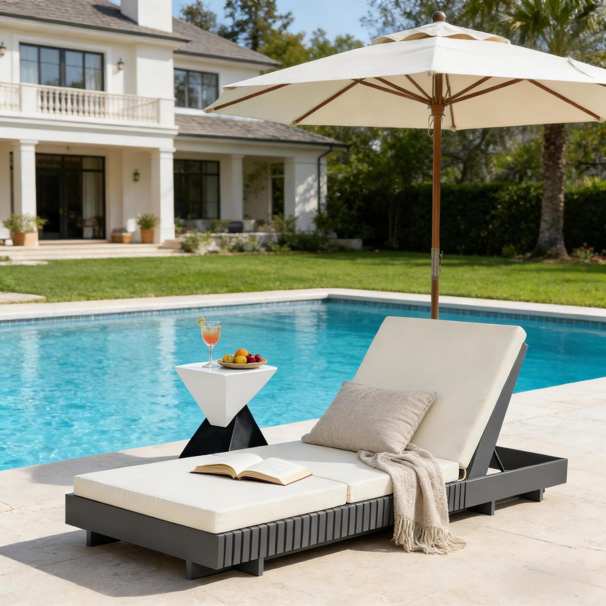 Roomfitters Outdoor Lounge Chaise Set With Slatted Acacia Frame And Geometric Side Table For Patio Poolside Cream Dark Grey