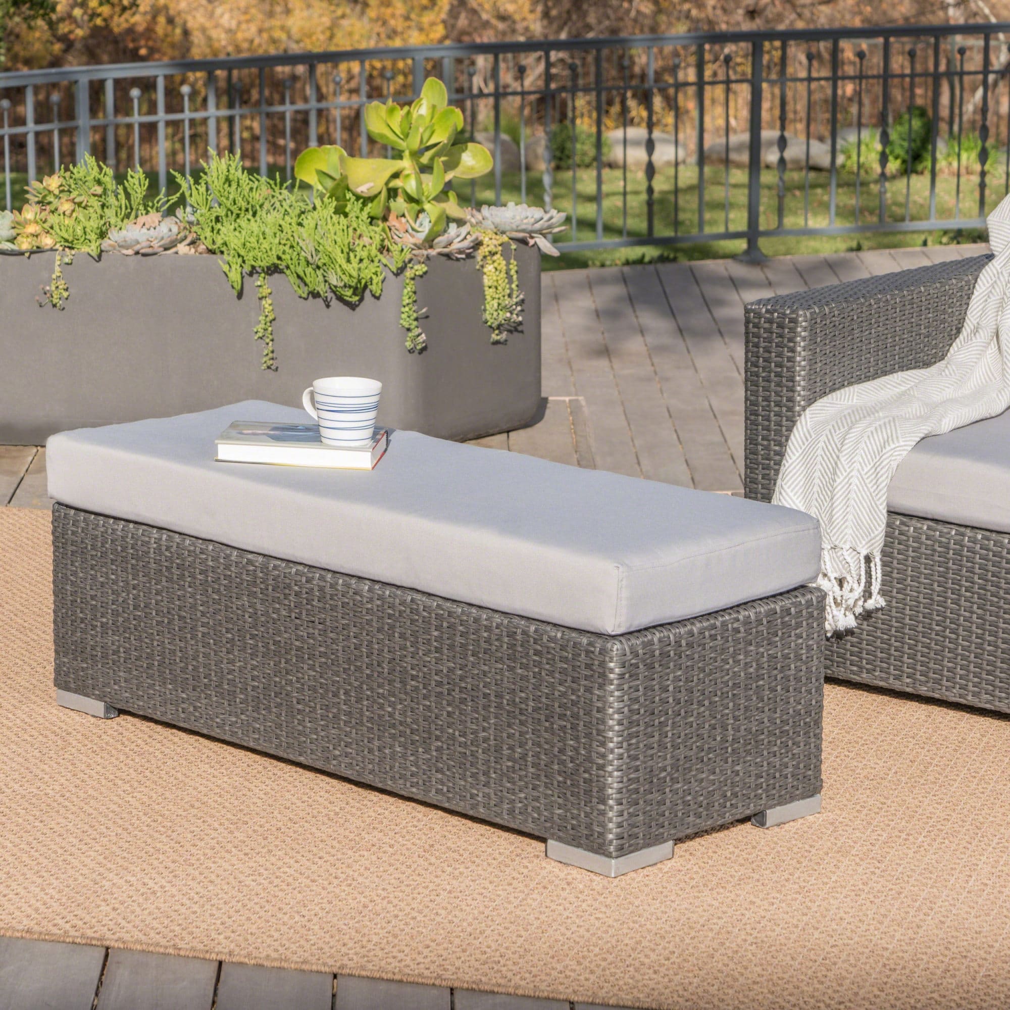 Roomfitters Outdoor Patio Wicker Bench With Grey Upholstered Cushion And Silver Feet For Garden And Porch Grey Silver