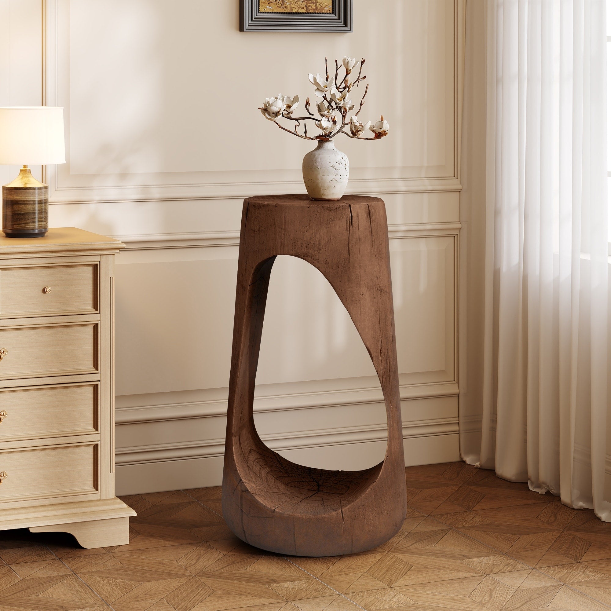Roomfitters Outdoor Side Table Sculptural Hollow Pedestal Mgo Faux Wood Stump Look Accent Table For Patio Garden Antique Brown