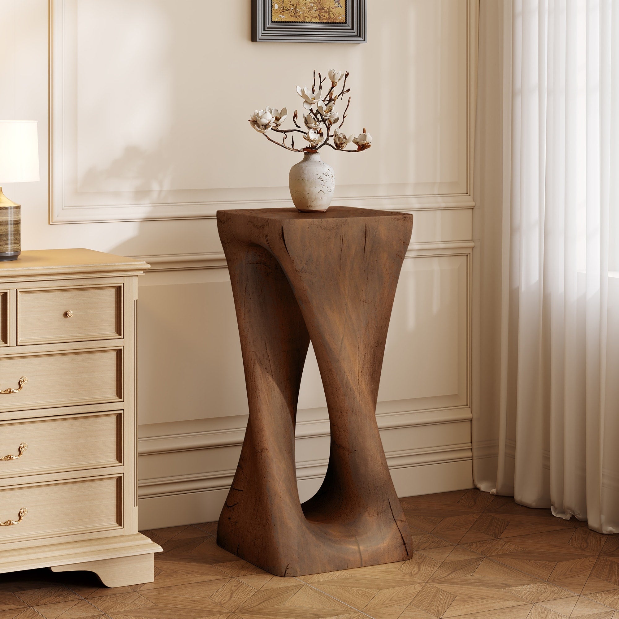Roomfitters Outdoor Side Table Twisted Sculptural Hollowed Mgo Pedestal Accent Table For Patio Garden Deck Antique Brown