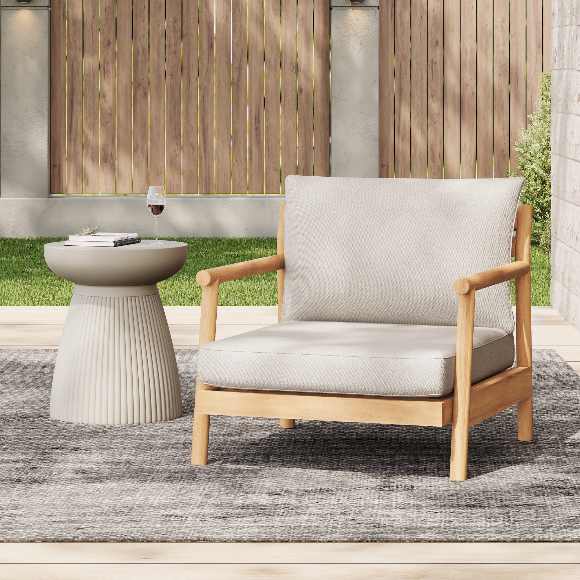 Roomfitters Outdoor Wood Patio Club Chair Modern Deep Seating Armchair Lounge Sofa With Cushions For Deck Teak And Beige