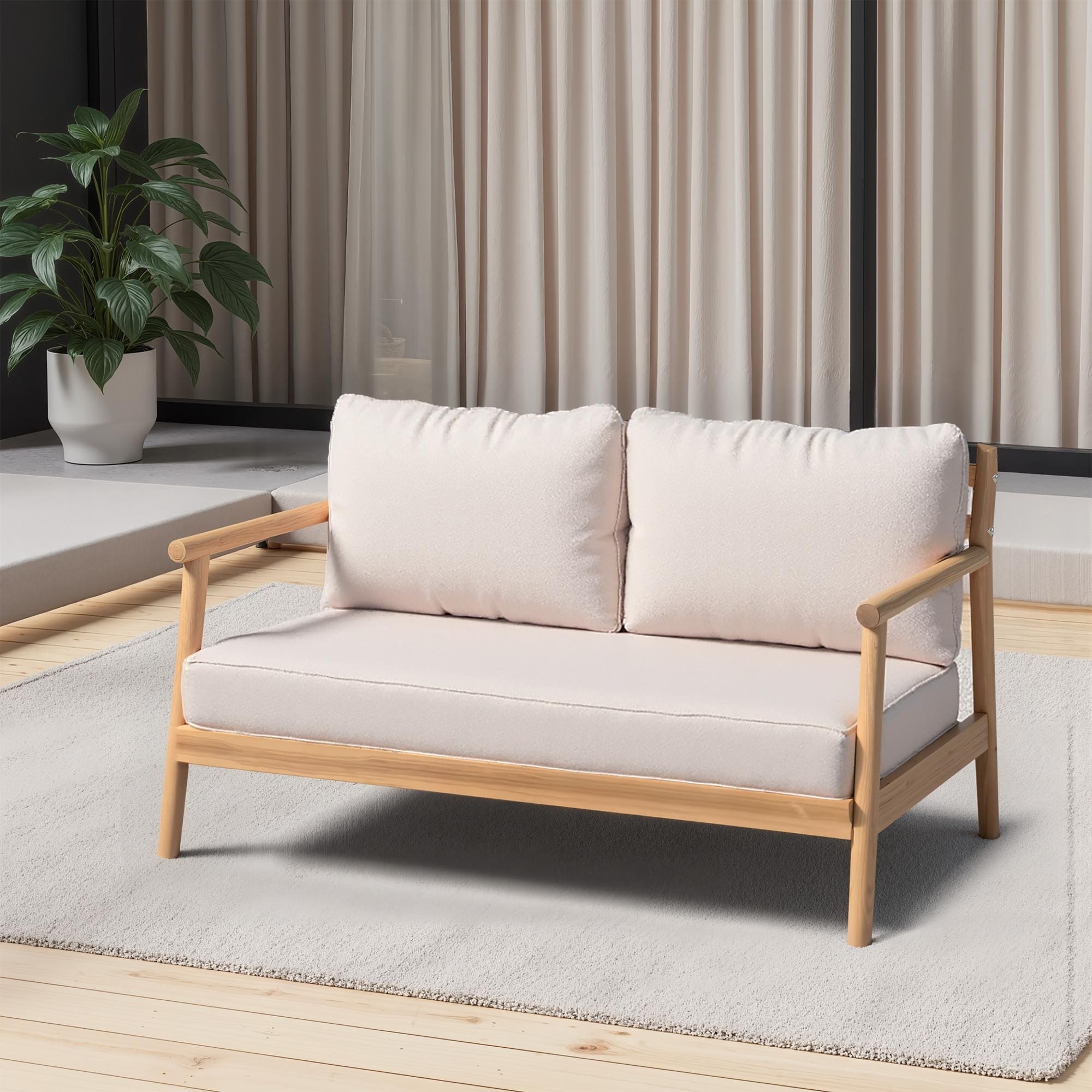 Roomfitters Outdoor Wood Patio Loveseat Sofa Modern Deep Seating 2 Seater Bench Couch With Cushions For Deck Teak And Beige
