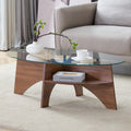 Roomfitters Oval Tempered Glass Coffee Table Wood Fan Shaped Pedestal 41 Inch Transparent Center Table Set