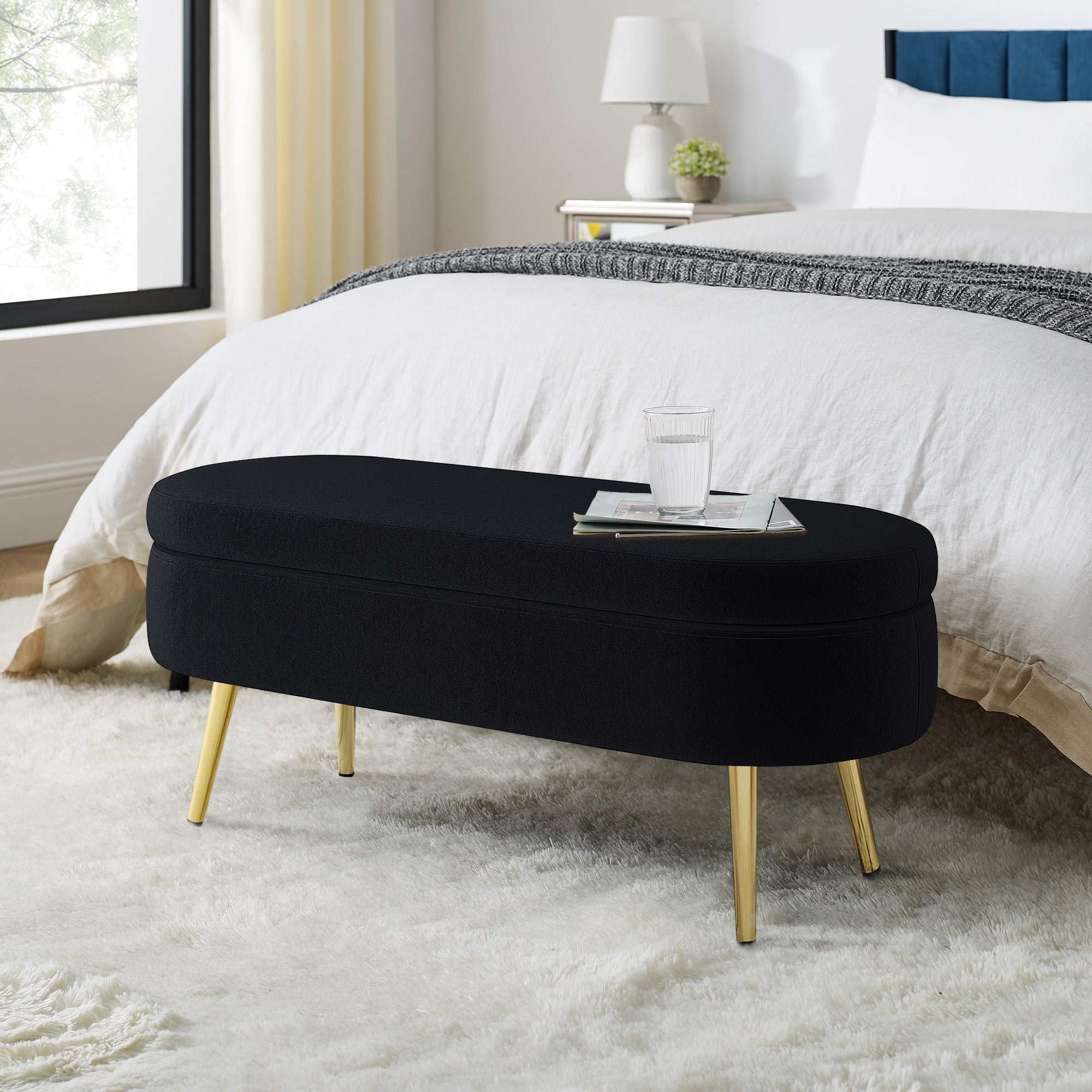 Roomfitters Oval Upholstered Storage Bench With Gold Metal Legs Modern End Of Bed Ottoman Seating For Bedroom Entryway