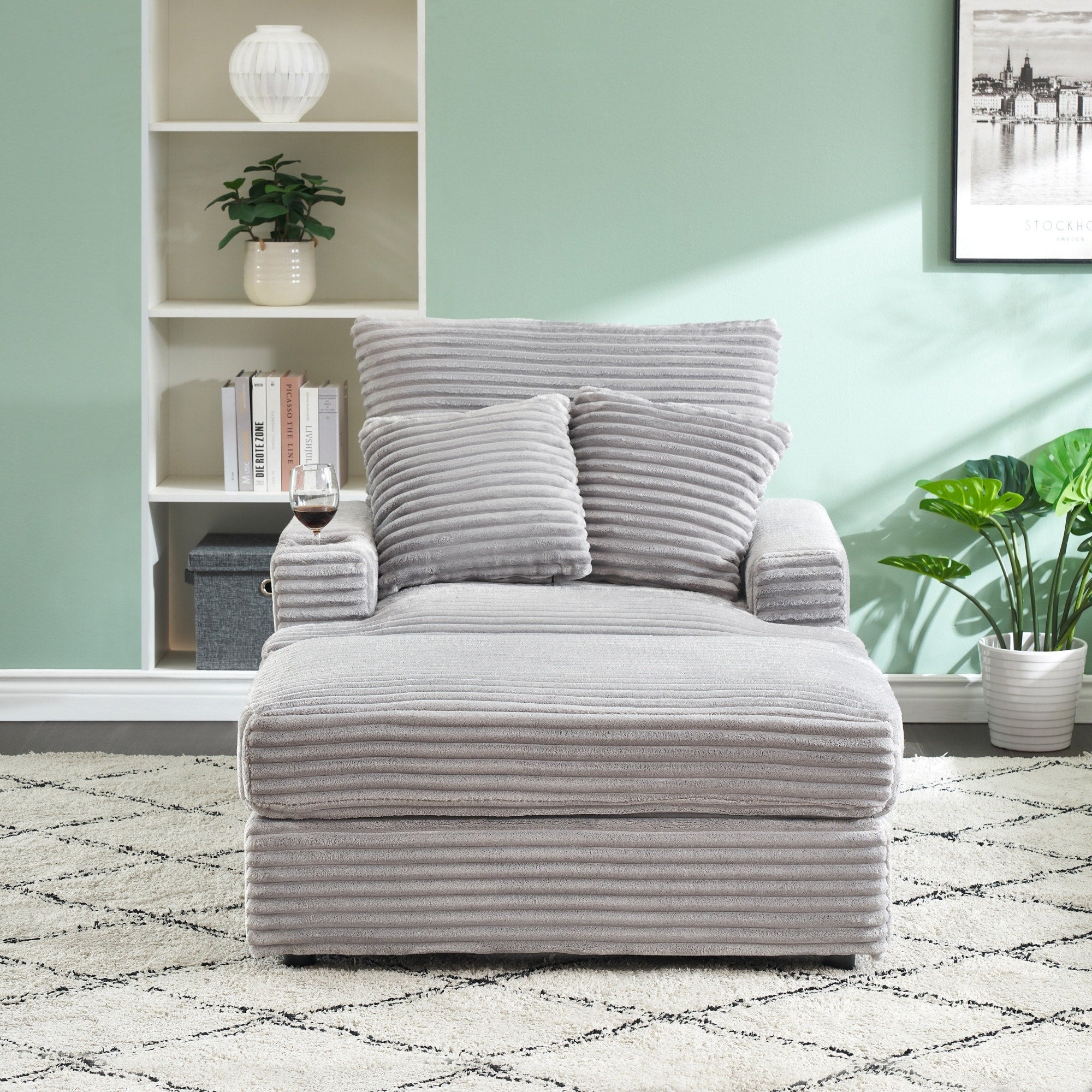Roomfitters Oversized Gray Corduroy Chaise Lounge Chair Modern Upholstered Reading Armchair With Cup Holder And Pillows
