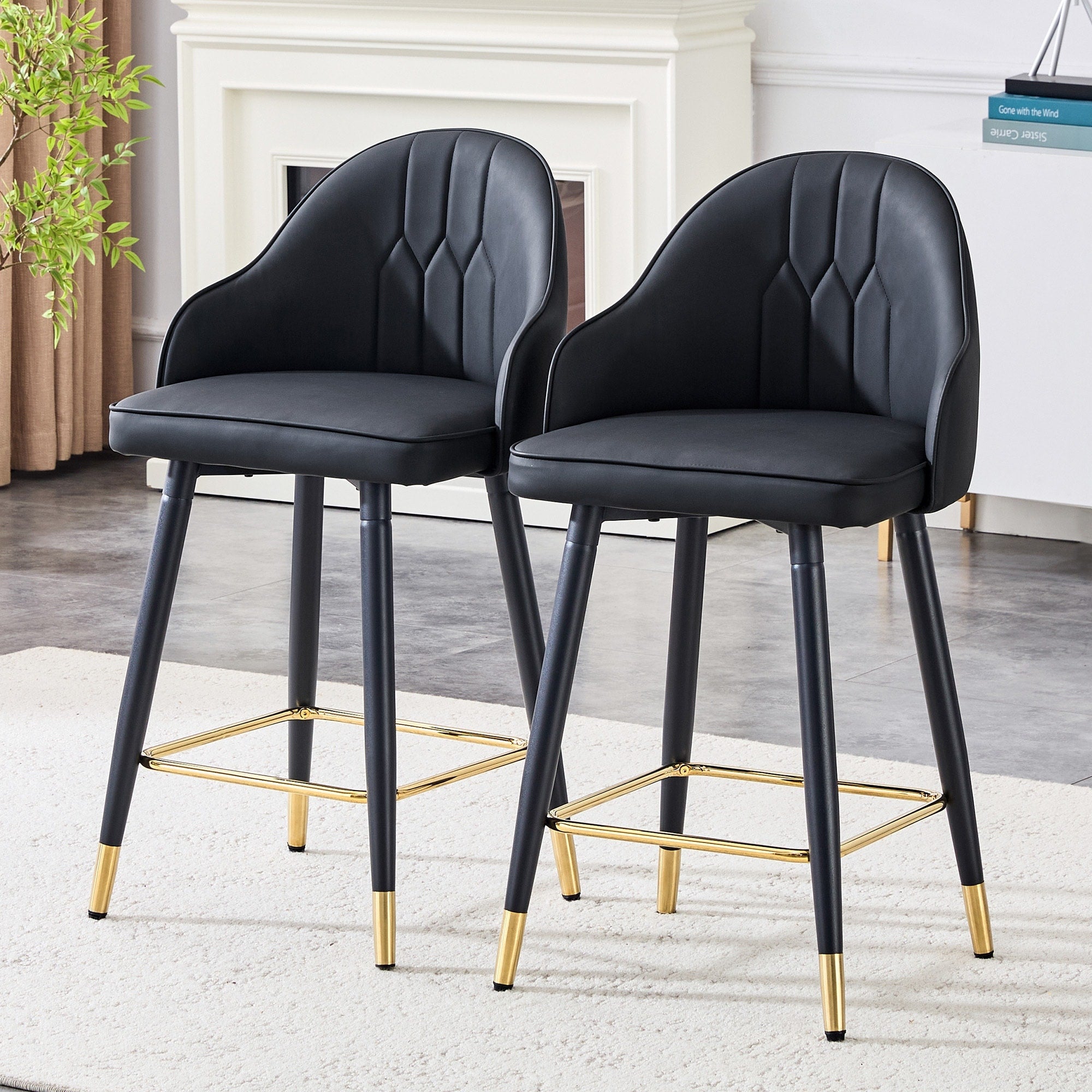Roomfitters Pu Leather Bar Stools Gold Accent Footrest Ergonomic Upholstered Counter Chairs Set Of 2 Seating