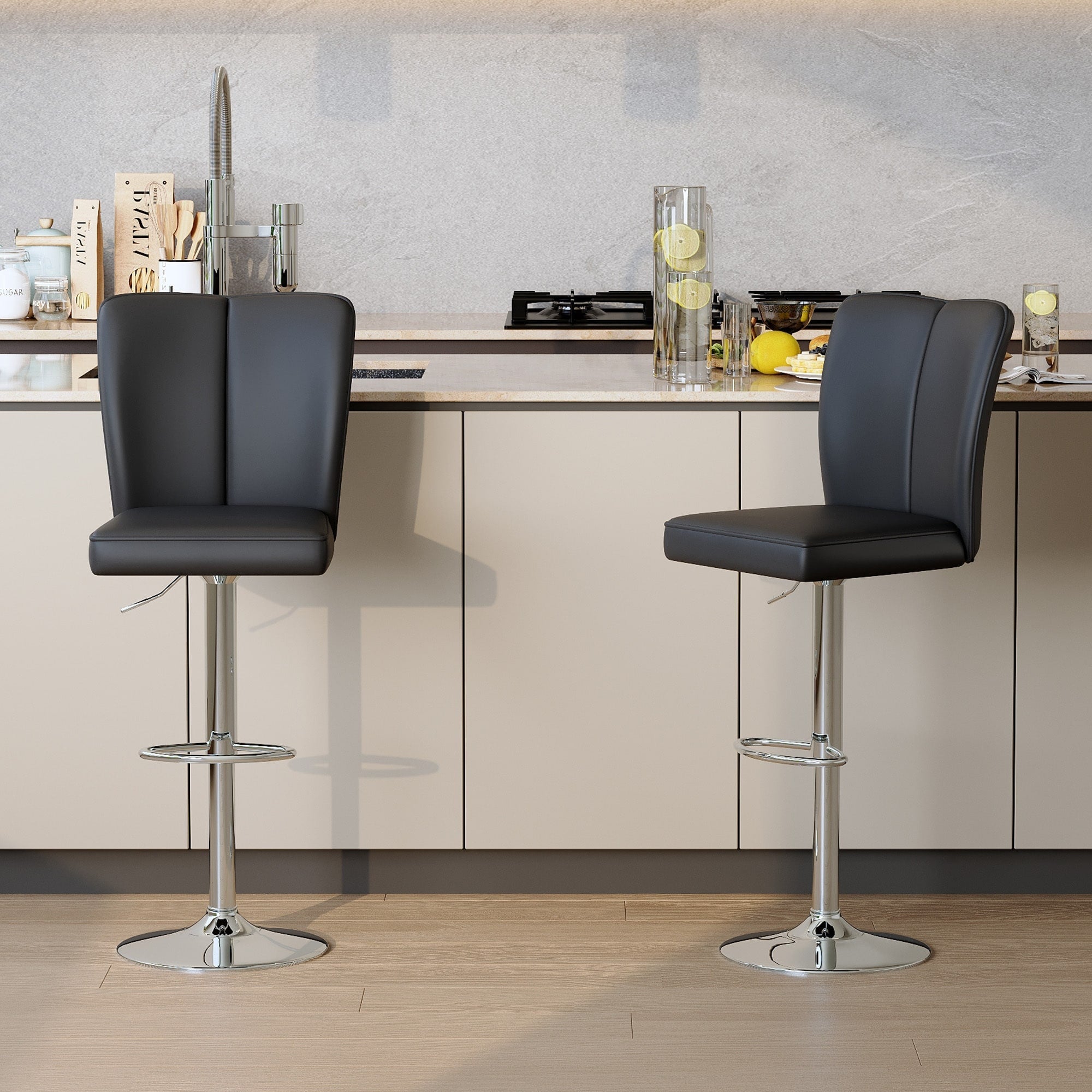 Roomfitters Pu Leather Bar Stools Silver Trumpet Leg Adjustable Swivel Upholstered Seating Set Of 2 Counter Chairs